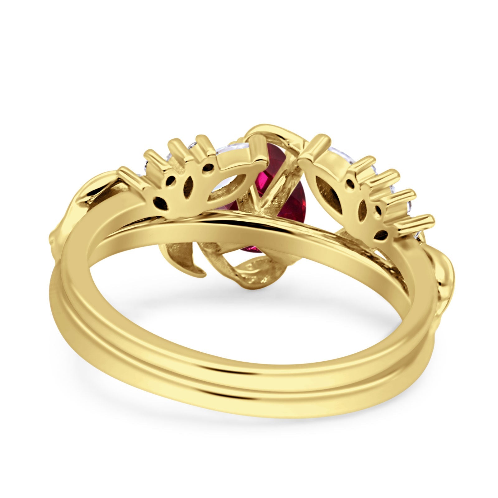 Art Deco Teardrop Pear Leaf Design Wedding Two Piece Ring Simulated Cubic Zirconia Stones 925 Sterling Silver