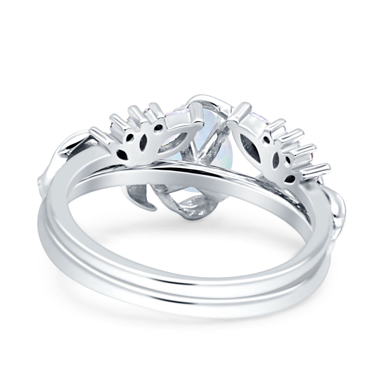 Art Deco Teardrop Pear Leaf Design Wedding Two Piece Ring Simulated Cubic Zirconia Stones 925 Sterling Silver