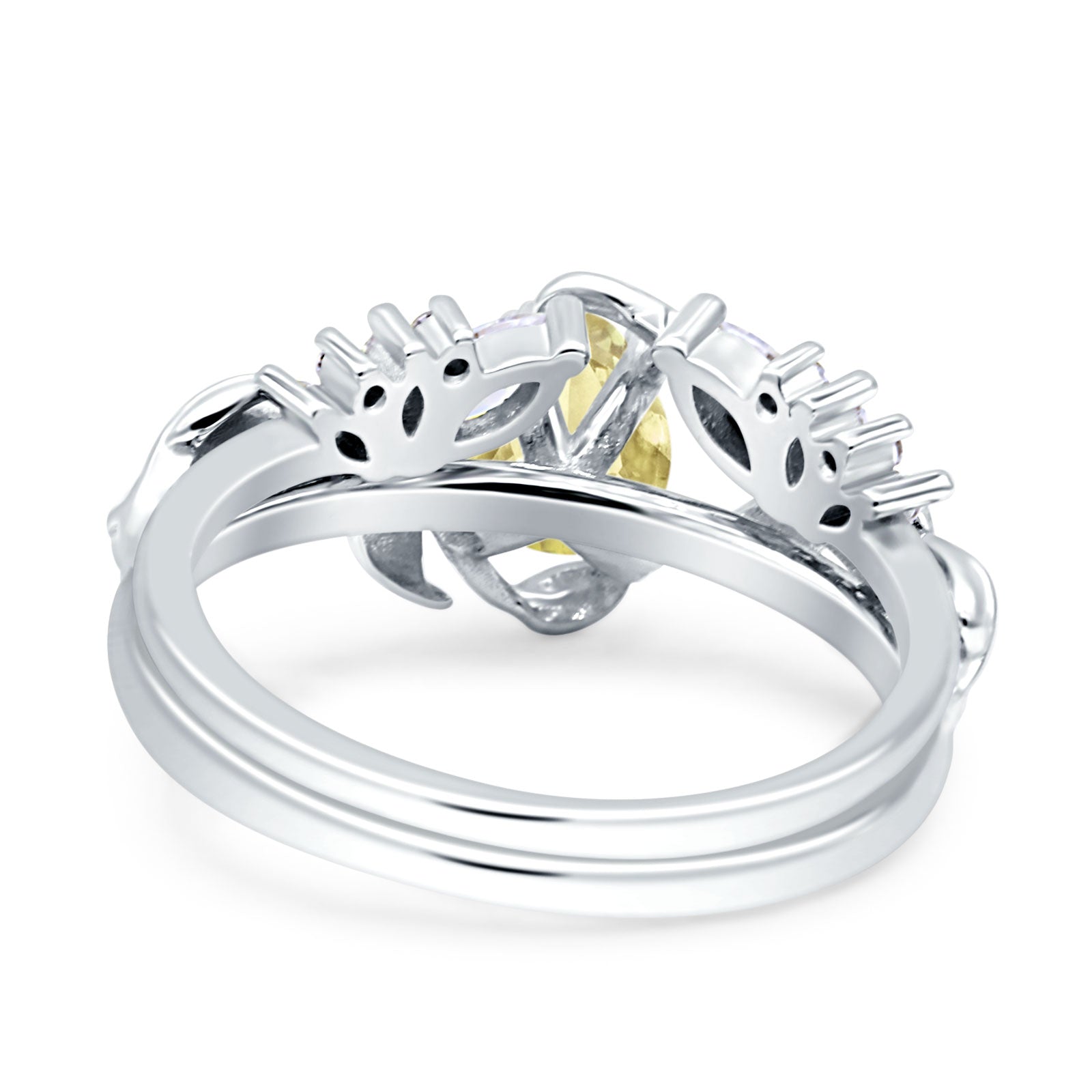 Art Deco Teardrop Pear Leaf Design Wedding Two Piece Ring Simulated Cubic Zirconia Stones 925 Sterling Silver