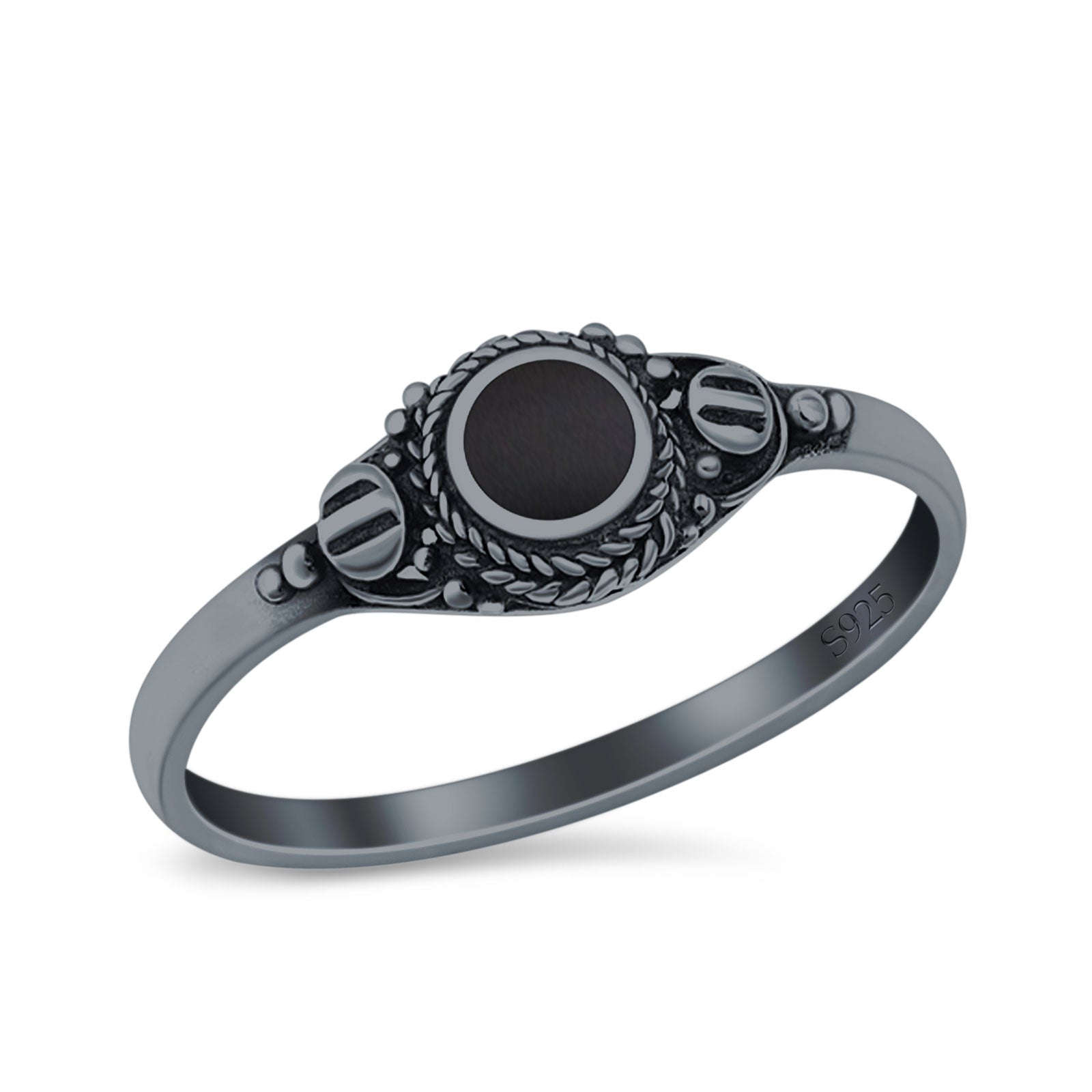 Vintage Style Round Lab Opal Ring Solid Oxidized 925 Sterling Silver