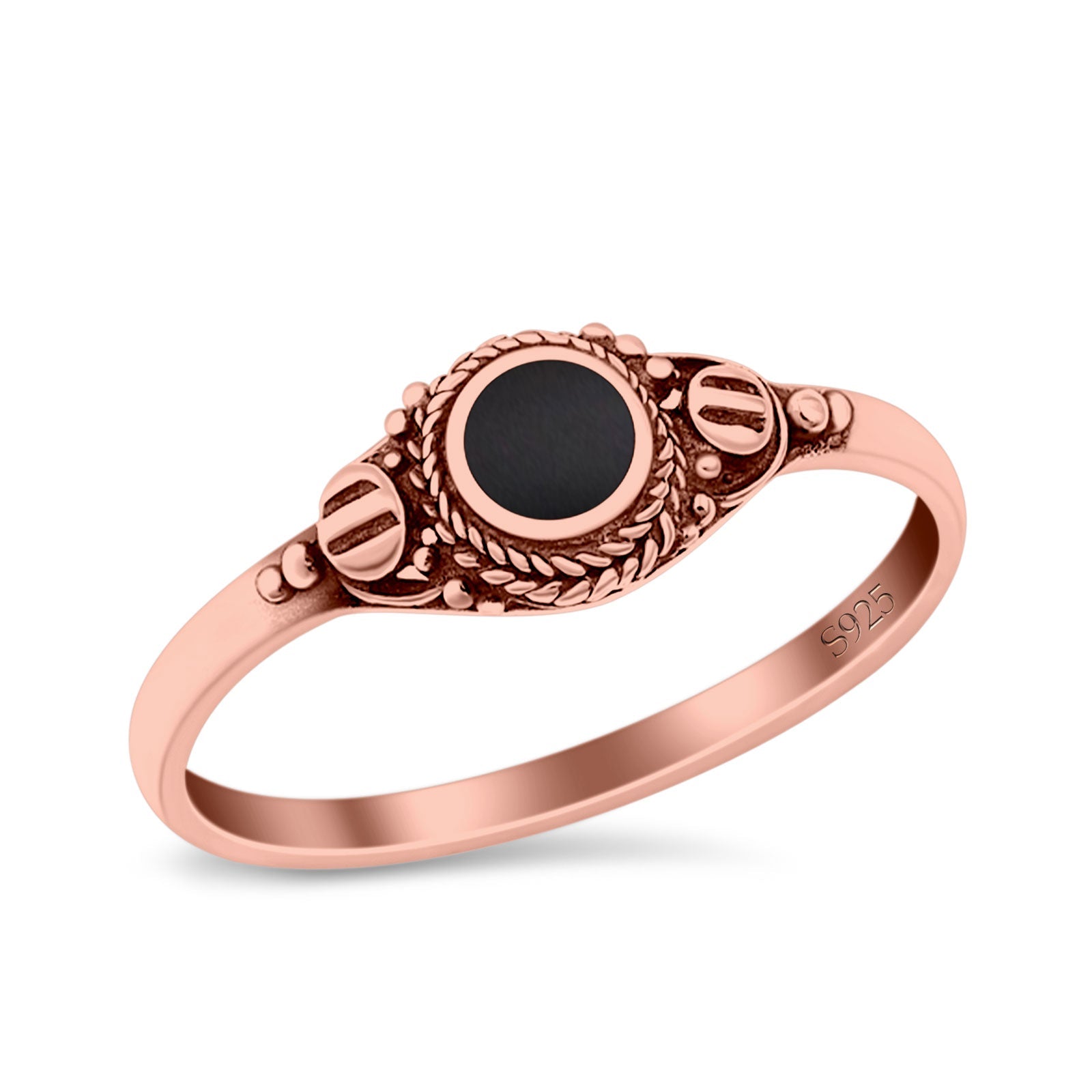 Vintage Style Round Lab Opal Ring Solid Oxidized 925 Sterling Silver