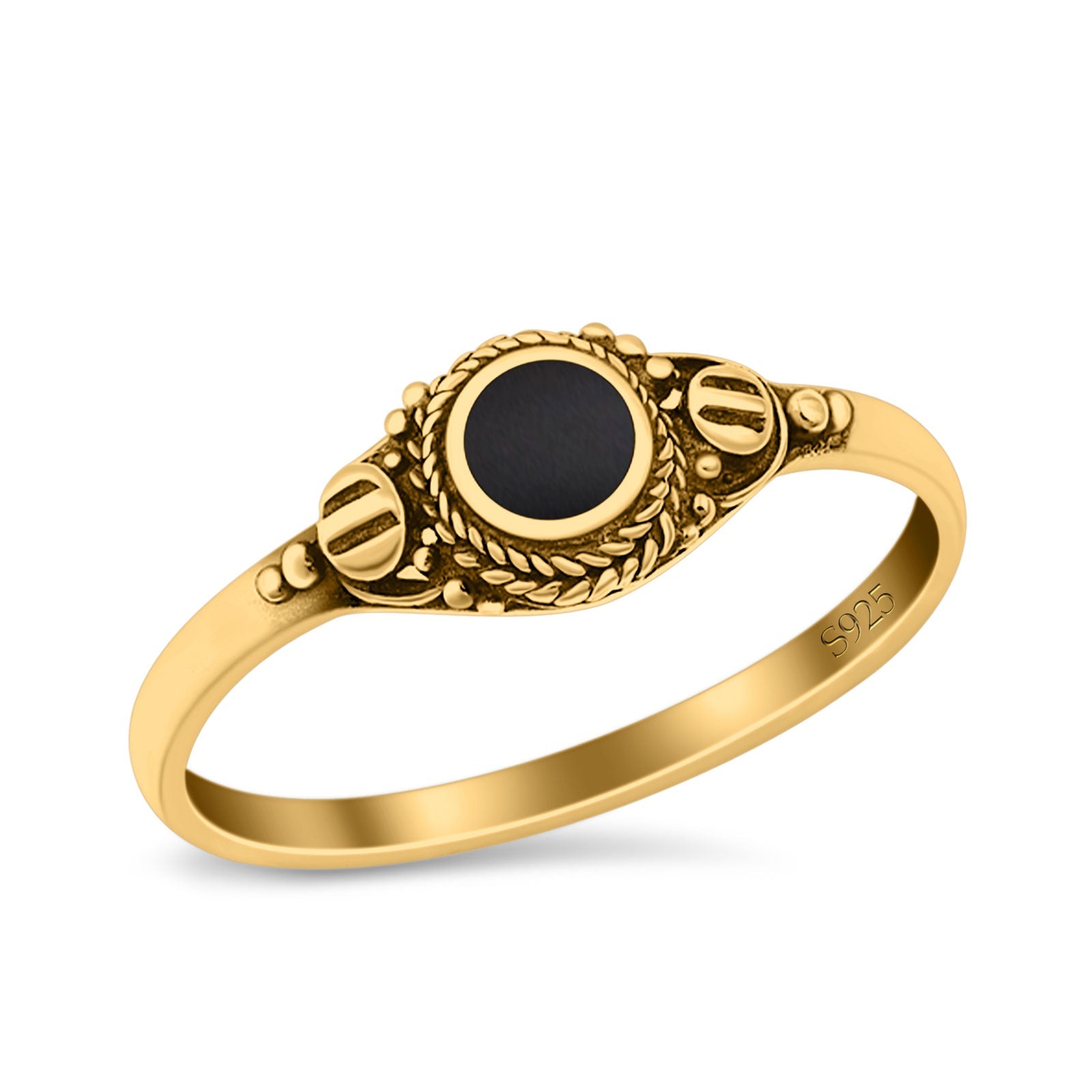 Vintage Style Round Lab Opal Ring Solid Oxidized 925 Sterling Silver