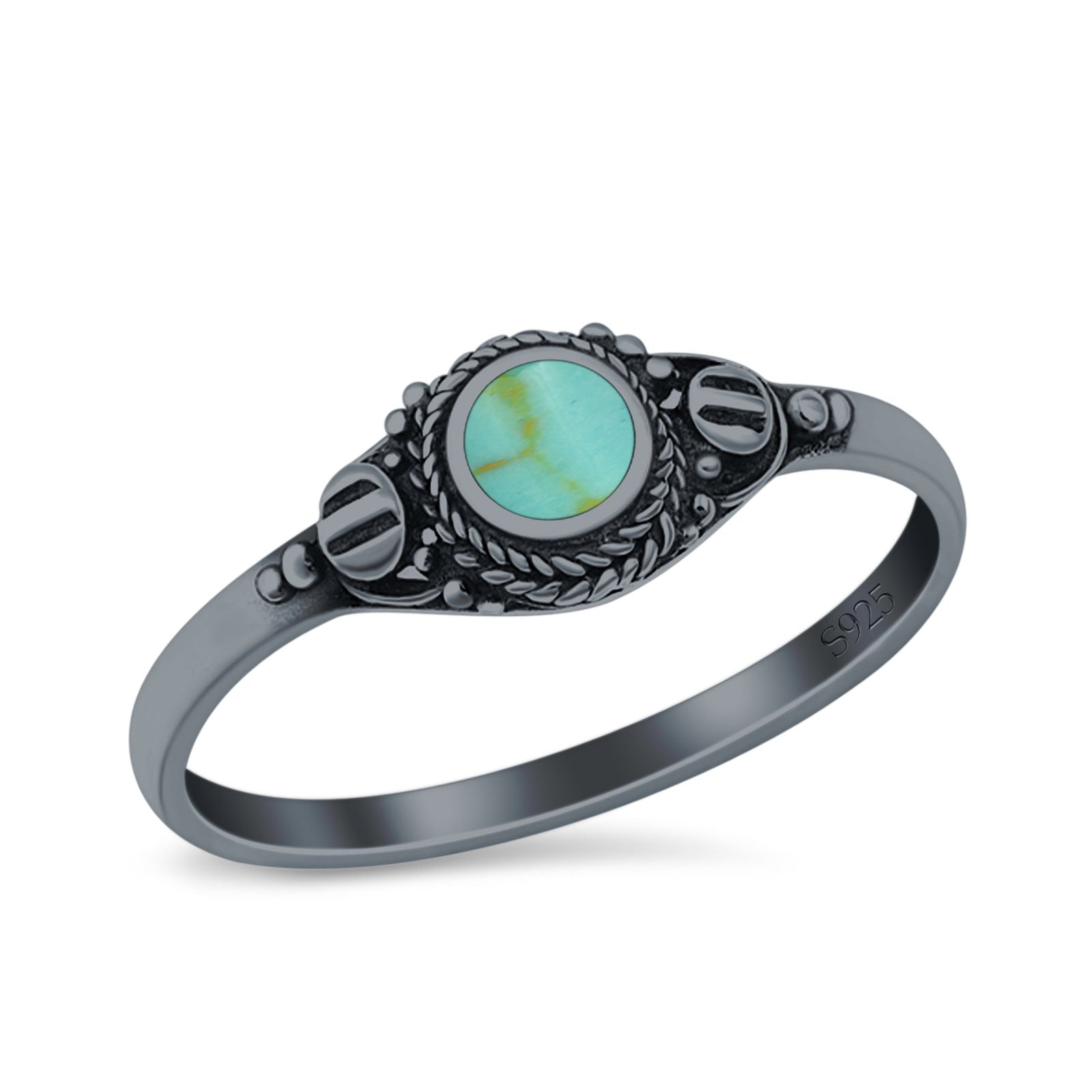 Vintage Style Round Lab Opal Ring Solid Oxidized 925 Sterling Silver