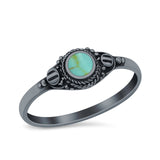 Vintage Style Round Lab Opal Ring Solid Oxidized 925 Sterling Silver