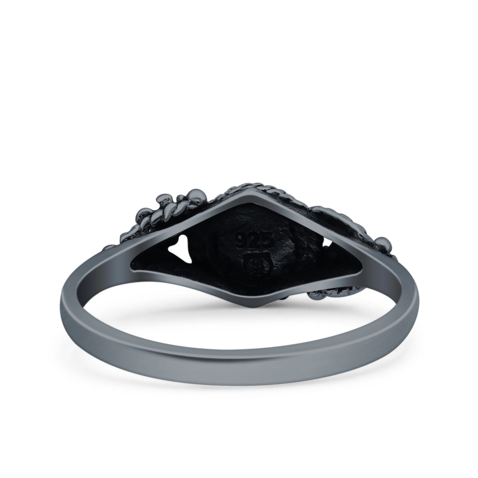 Vintage Style Round Lab Opal Ring Solid Oxidized 925 Sterling Silver