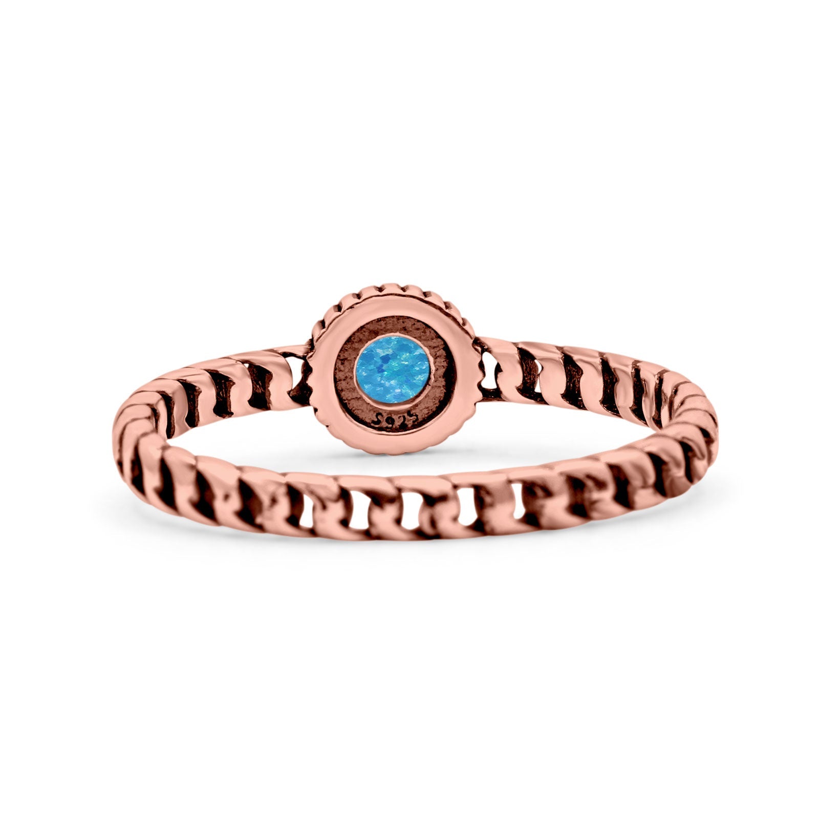 Chain Round Petite Dainty Lab Opal Ring Solid Oxidized 925 Sterling Silver