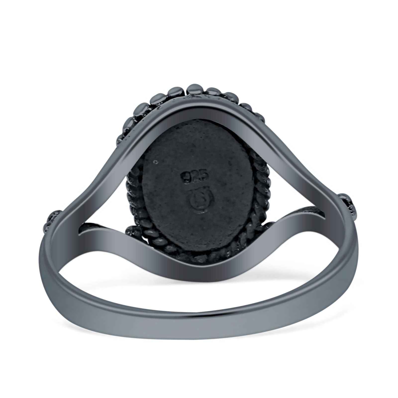 Oval Rope Beaded Oxidized Split Shank Created Opal Thumb Ring 925 Sterling Silver