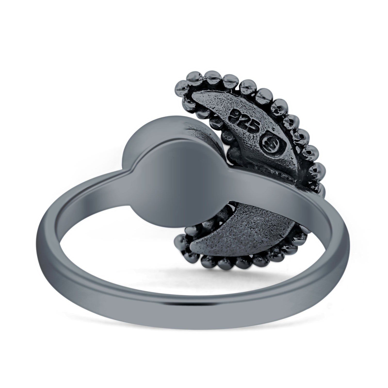 Crescent Moon Ring Opal Oxidized 925 Sterling Silver