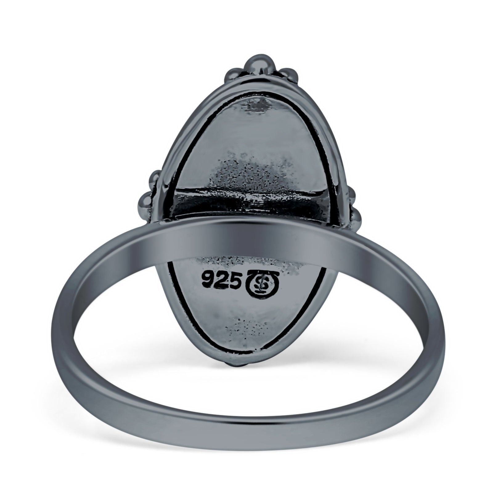 Oval Oxidized Created White & Blue Opal Thumb Ring 925 Sterling Silver