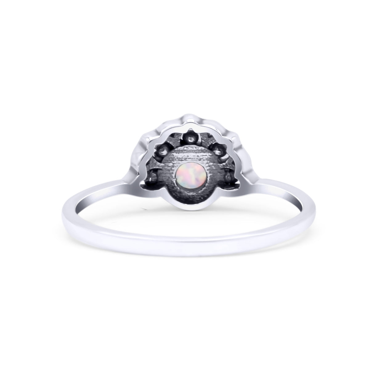 Flower Petite Dainty Thumb Ring Round Lab Created Opal Statement Fashion Ring Oxidized 925 Sterling Silver