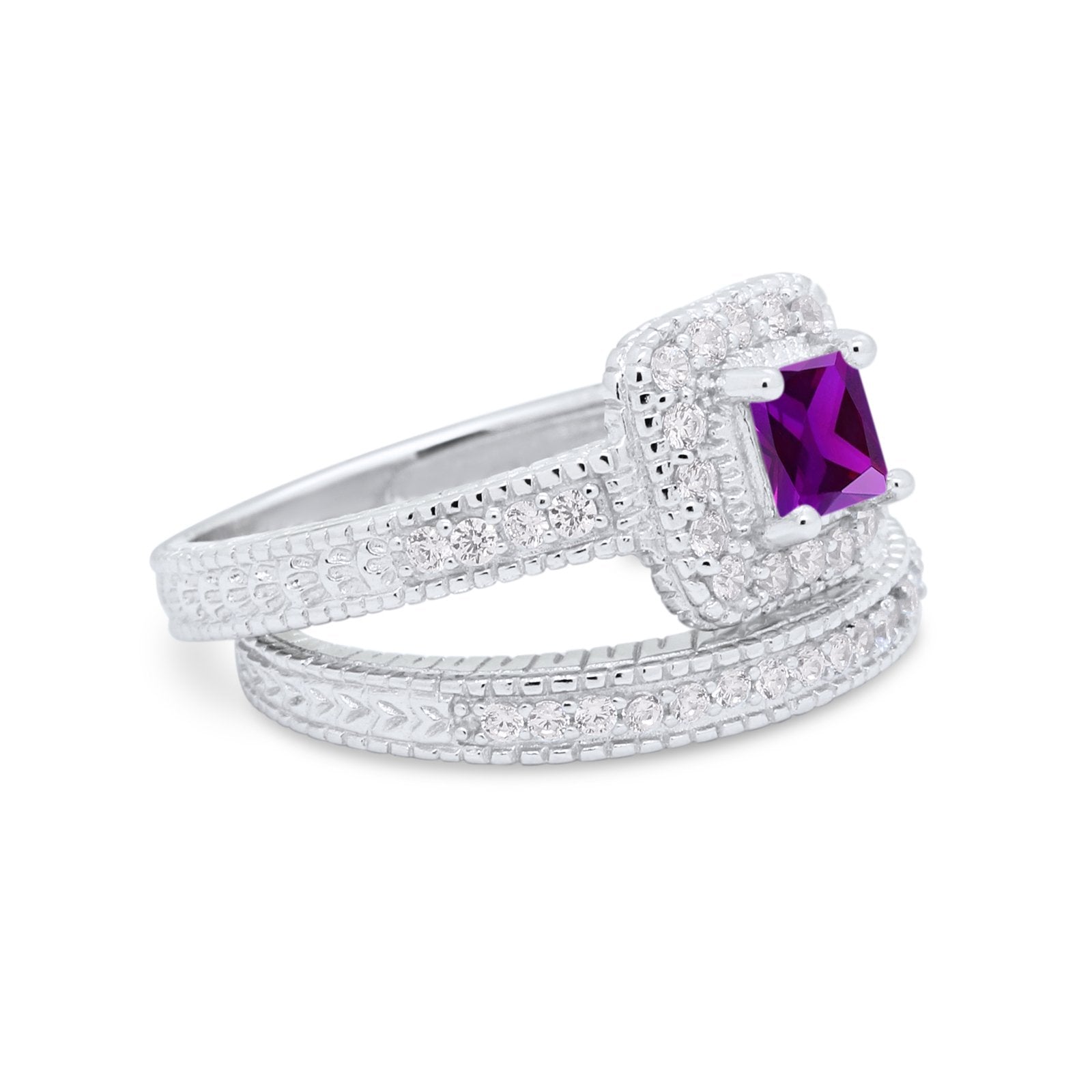Two Piece Vintage Style Wedding Ring 925 Sterling Silver Simulated Cubic Zirconia