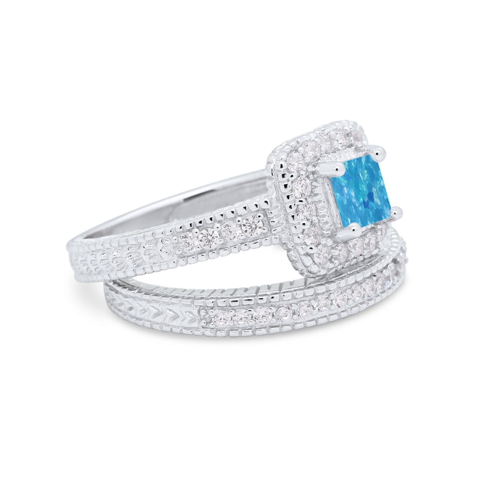 Two Piece Vintage Style Wedding Ring 925 Sterling Silver Simulated Cubic Zirconia