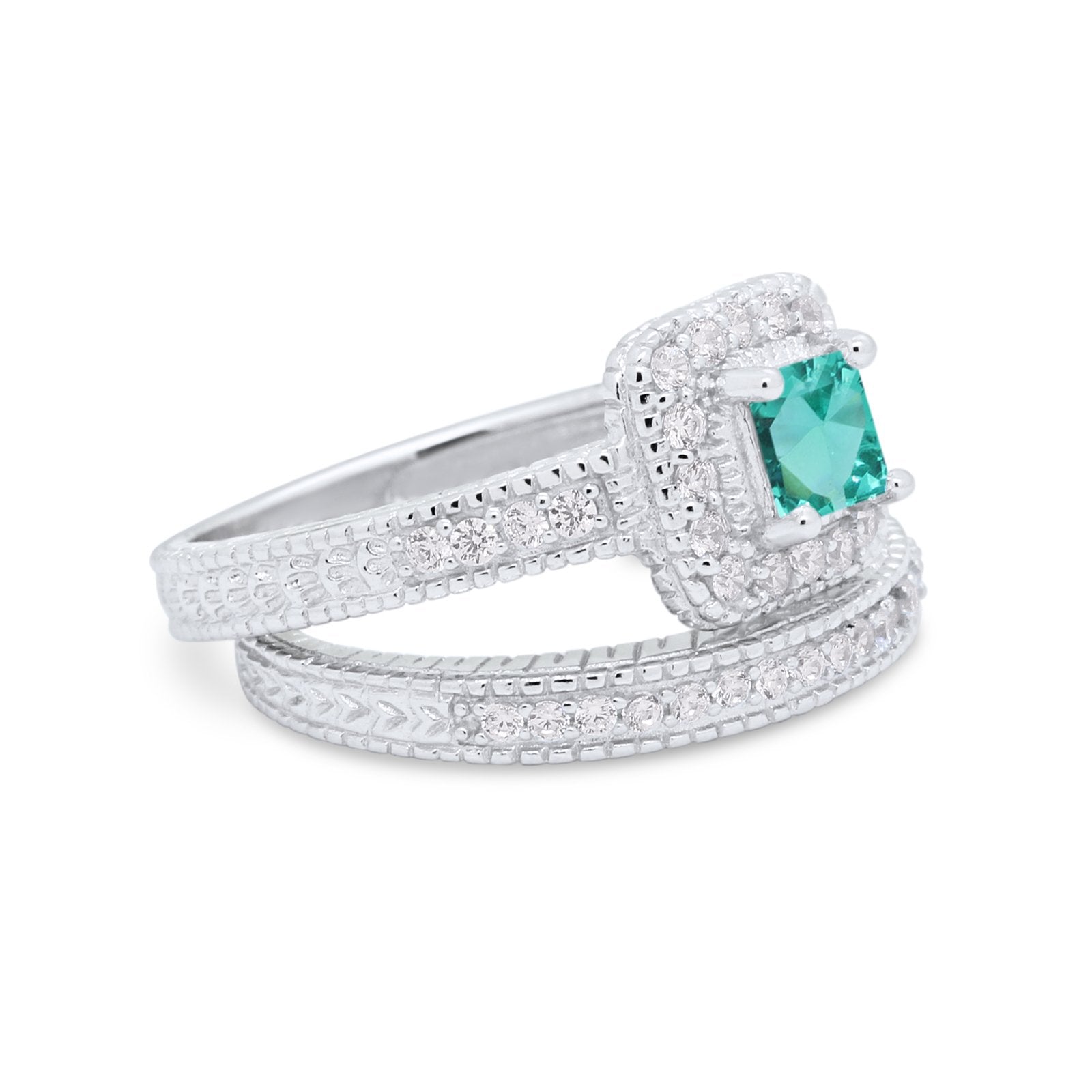 Two Piece Vintage Style Wedding Ring 925 Sterling Silver Simulated Cubic Zirconia