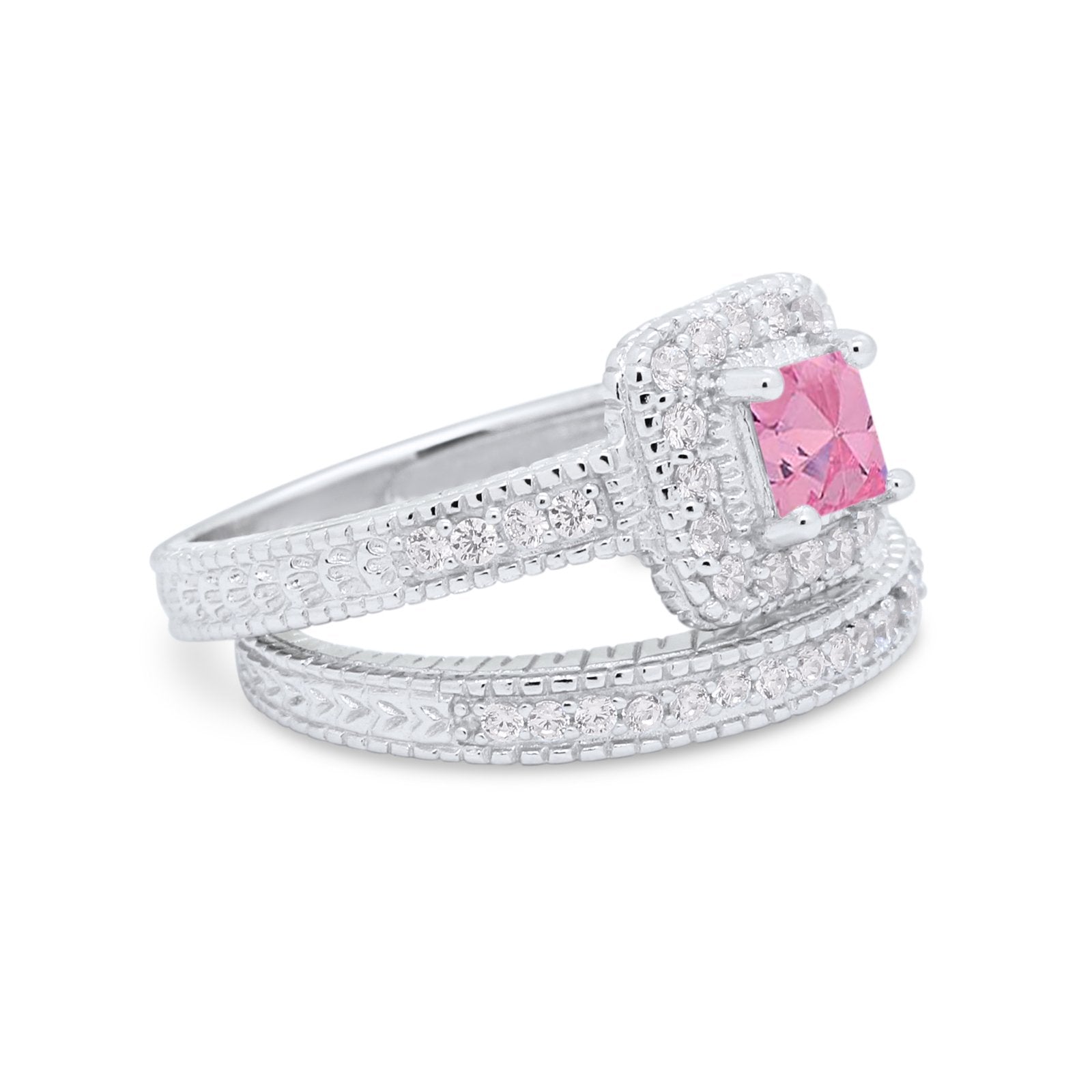 Two Piece Vintage Style Wedding Ring 925 Sterling Silver Simulated Cubic Zirconia