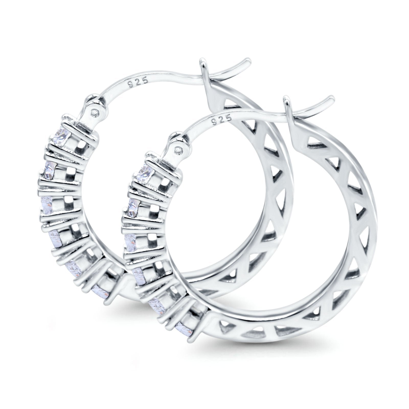 Half Eternity Huggie Hoop Earrings Round Simulated Cubic Zirconia 925 Sterling Silver (21mm)