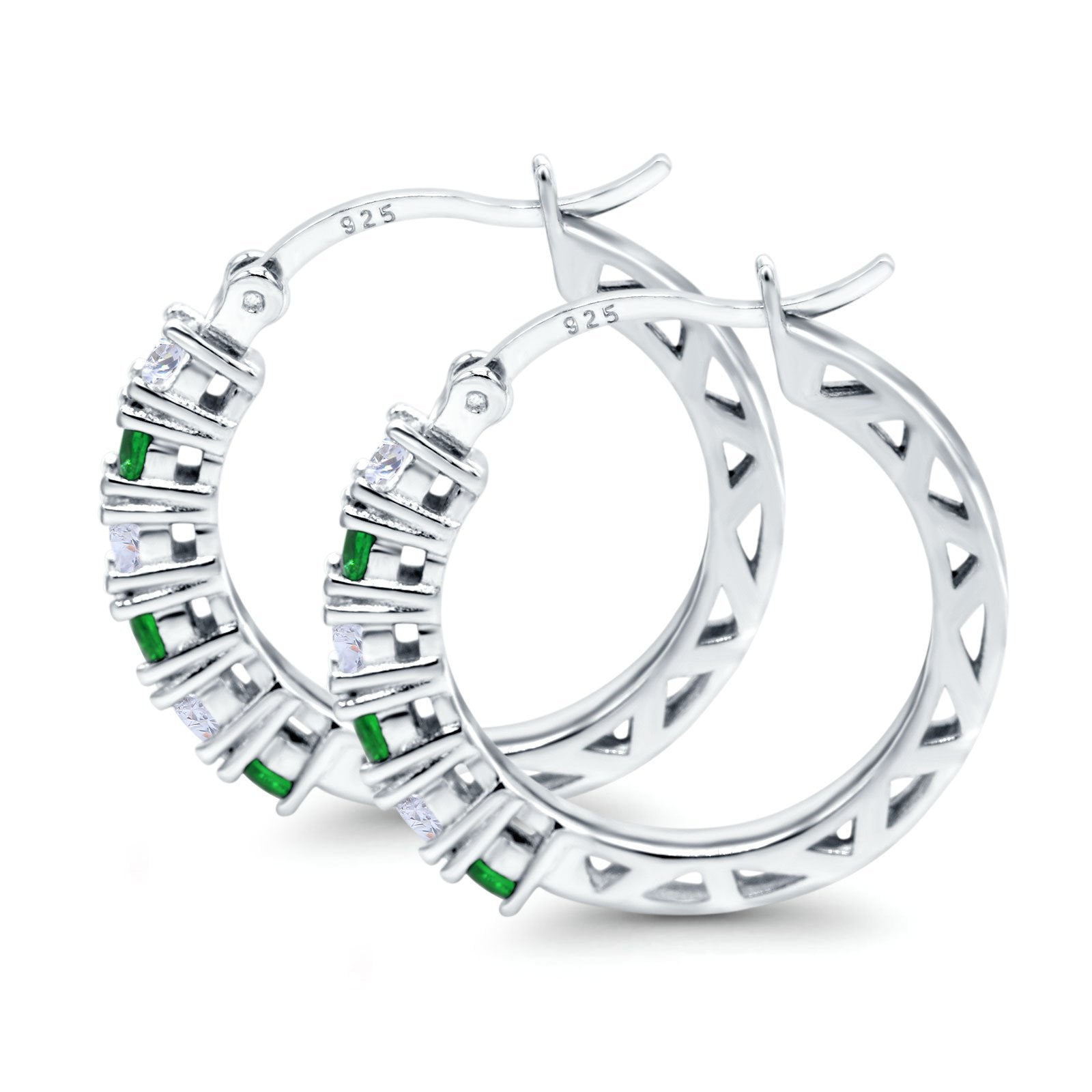 Half Eternity Huggie Hoop Earrings Round Simulated Cubic Zirconia 925 Sterling Silver (21mm)