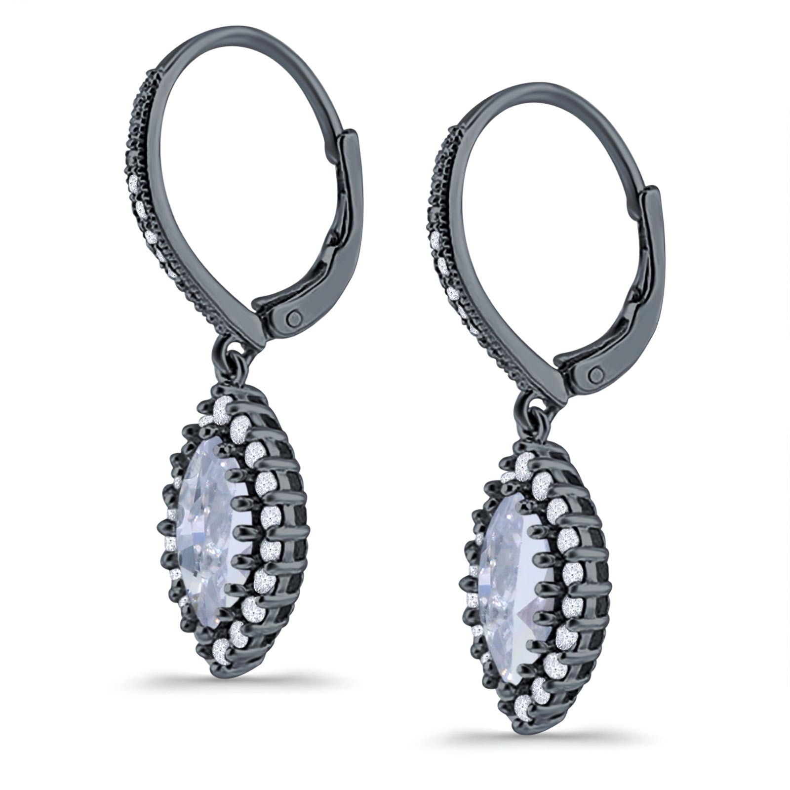 Halo Marquise Dangling Leverback Wedding Earrings Simulated Cubic Zirconia 925 Sterling Silver (31mm)