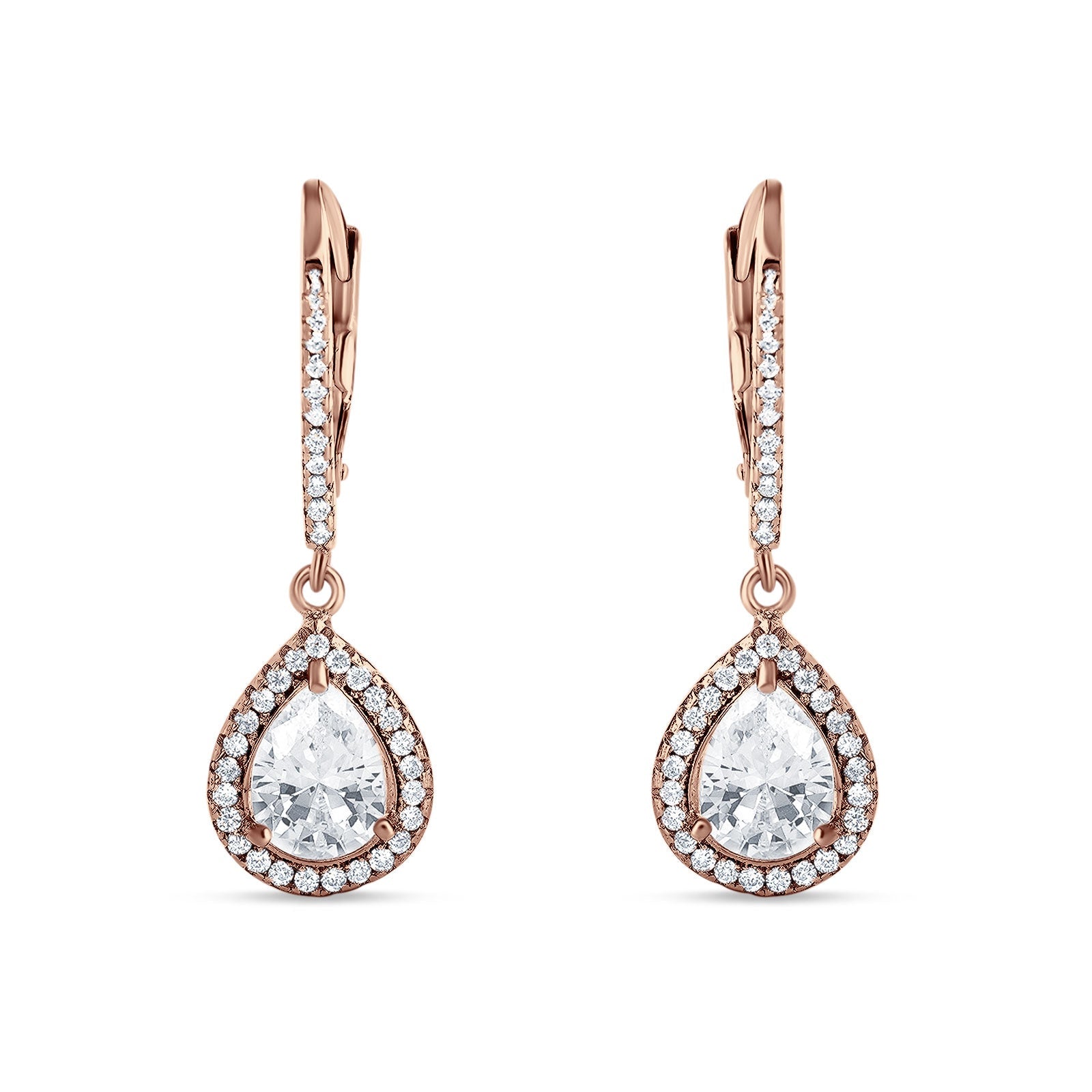 Pear Teardrop Halo Dangle Earrings Cubic Zirconia 925 Sterling Silver