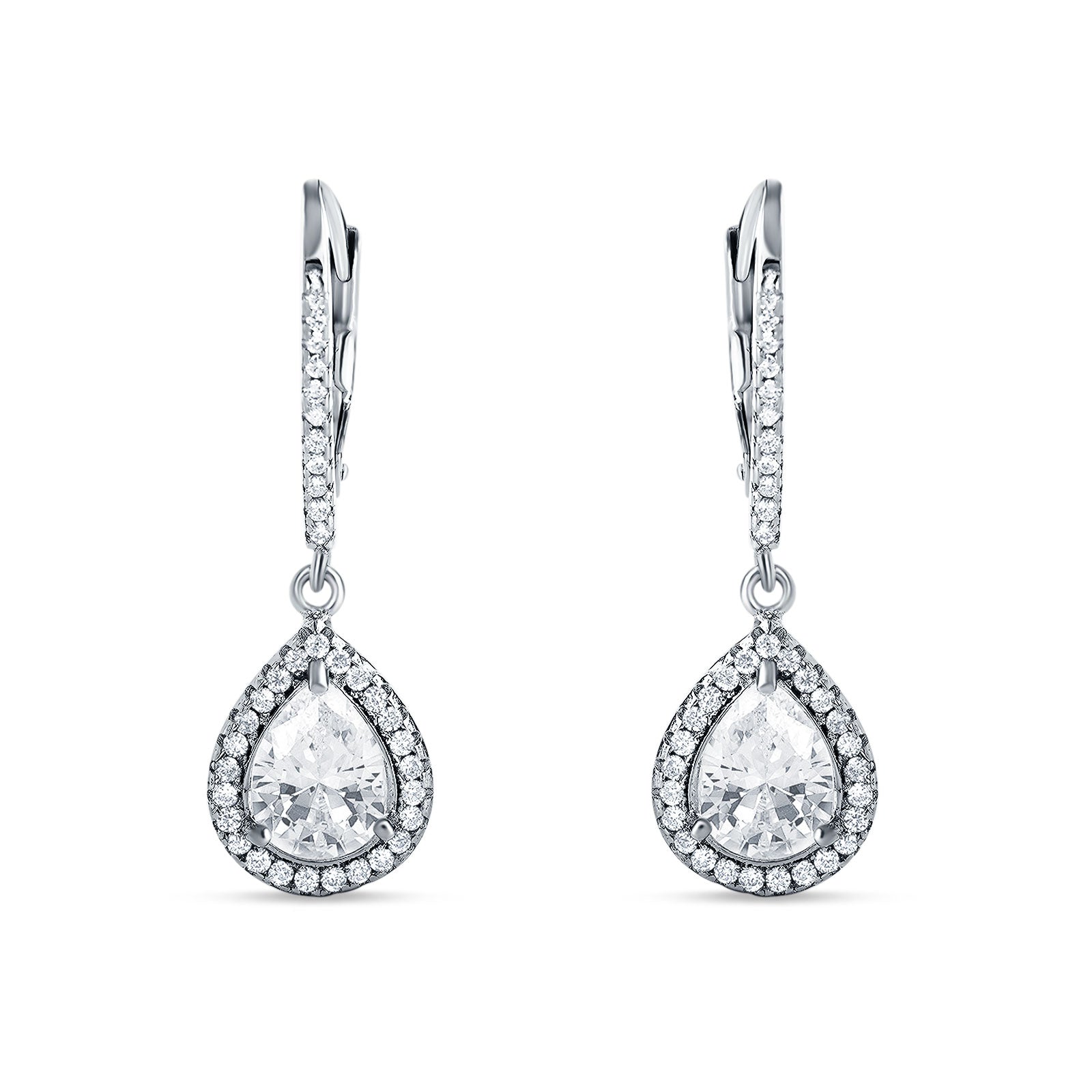 Pear Teardrop Halo Dangle Earrings Cubic Zirconia 925 Sterling Silver