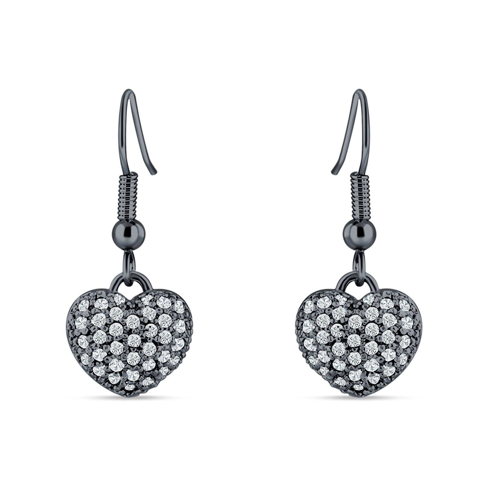 Sparkling Heart Cluster Drop Fish-Hook Earrings Cubic Zirconia 925 Sterling Silver