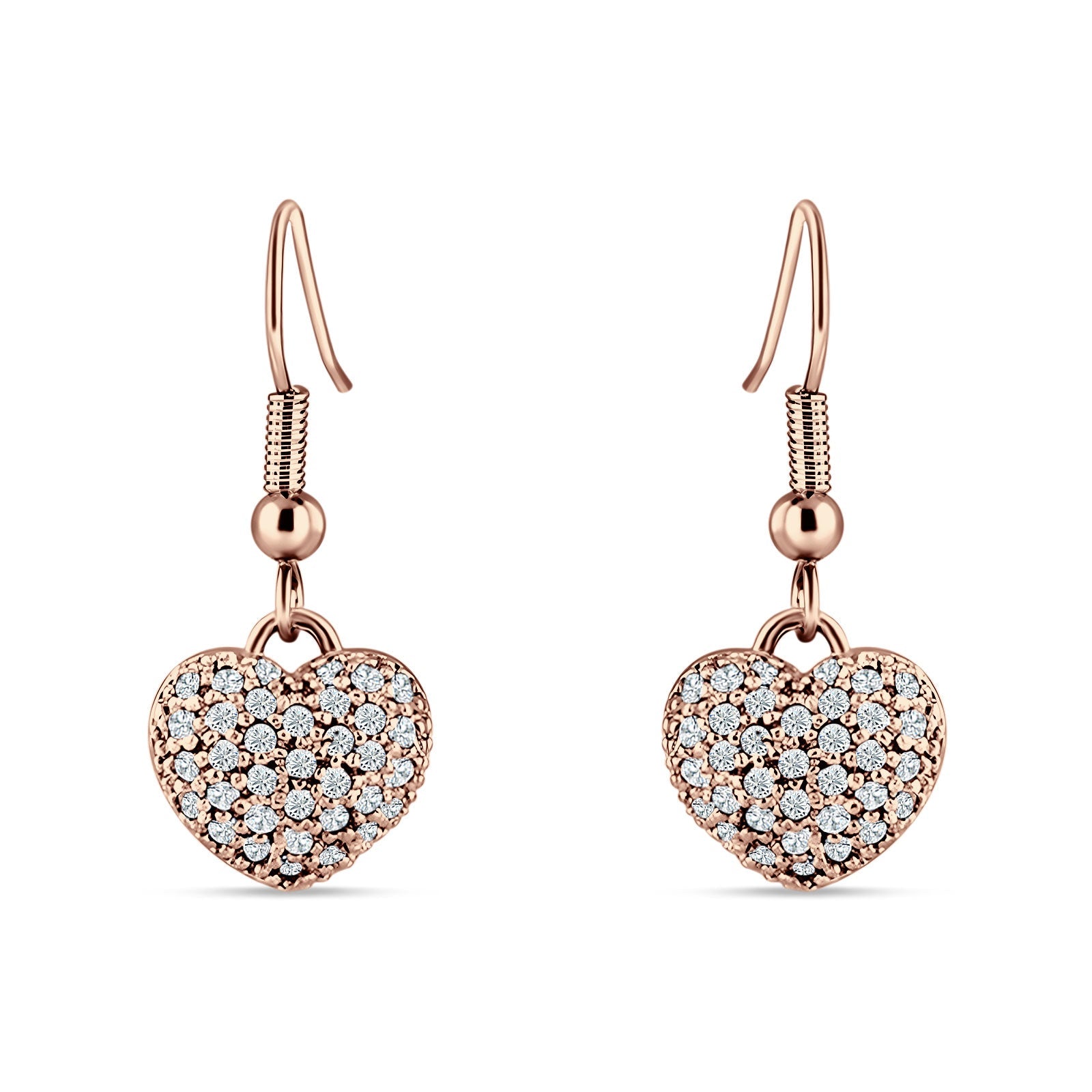 Sparkling Heart Cluster Drop Fish-Hook Earrings Cubic Zirconia 925 Sterling Silver