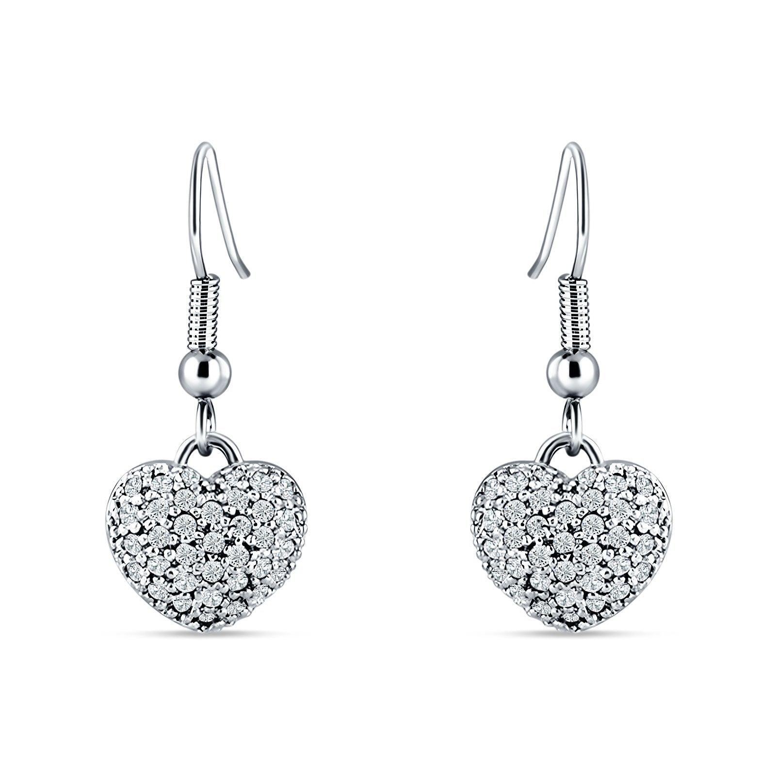 Sparkling Heart Cluster Drop Fish-Hook Earrings Cubic Zirconia 925 Sterling Silver