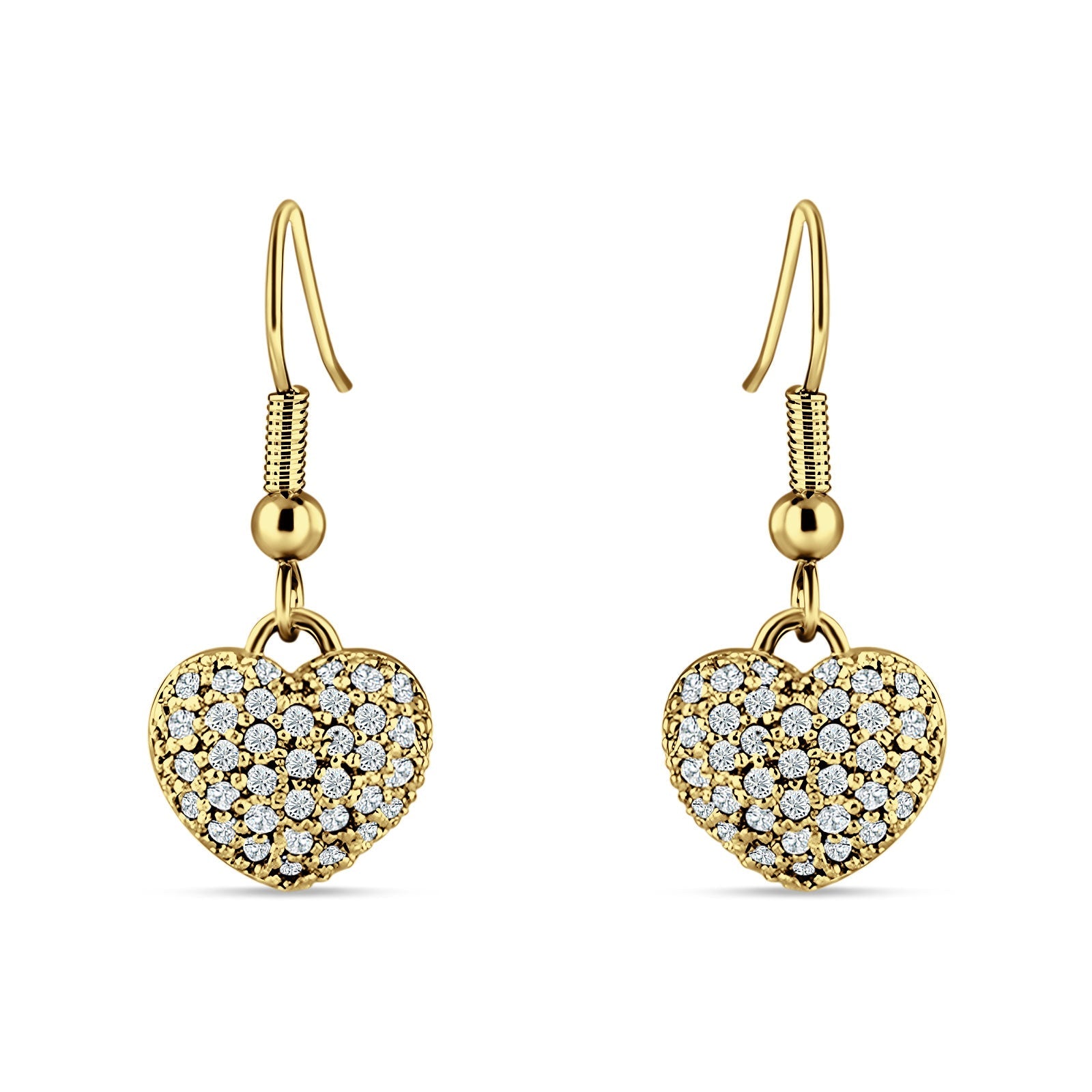 Sparkling Heart Cluster Drop Fish-Hook Earrings Cubic Zirconia 925 Sterling Silver