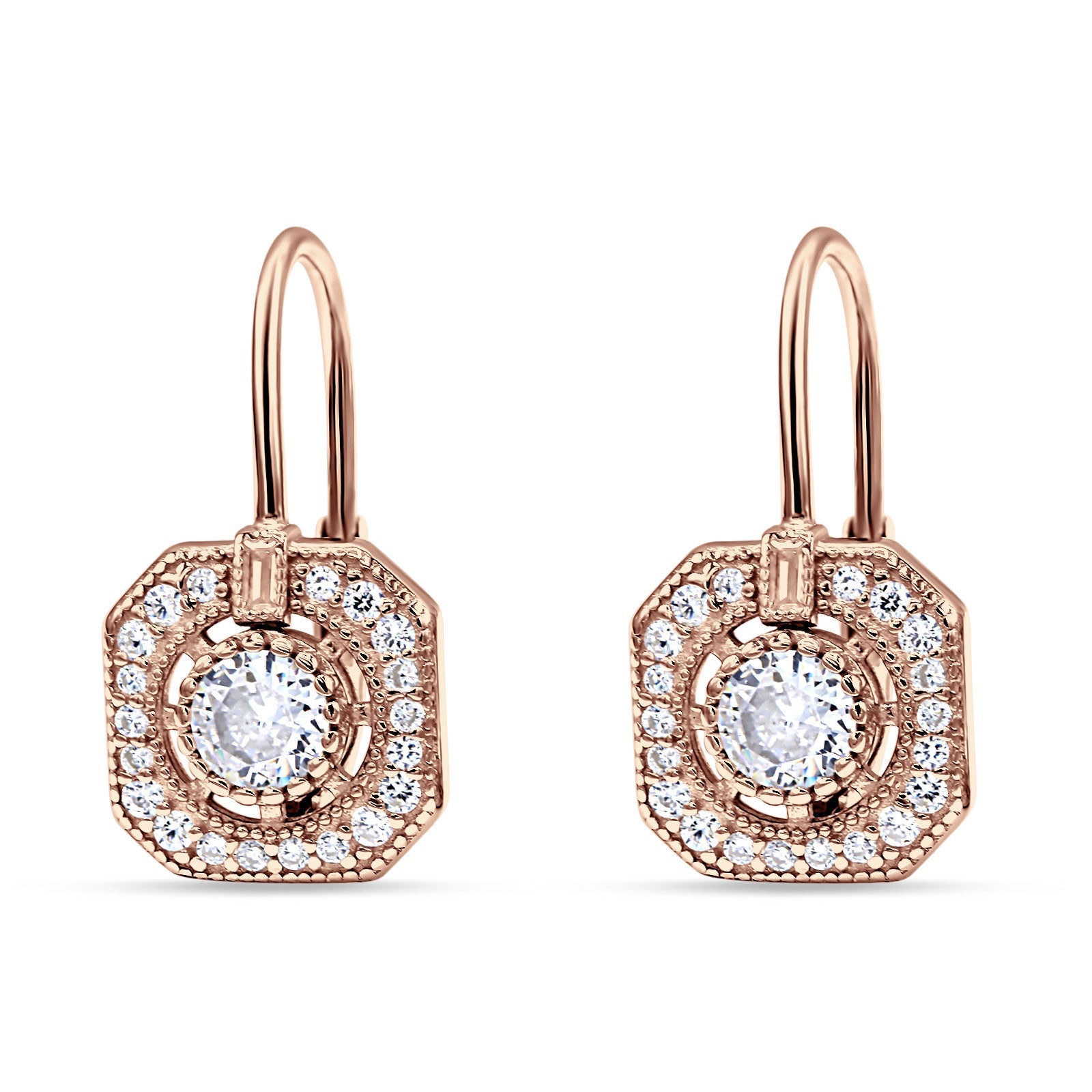 Halo Octagonal Earrings Cubic Zirconia 925 Sterling Silver