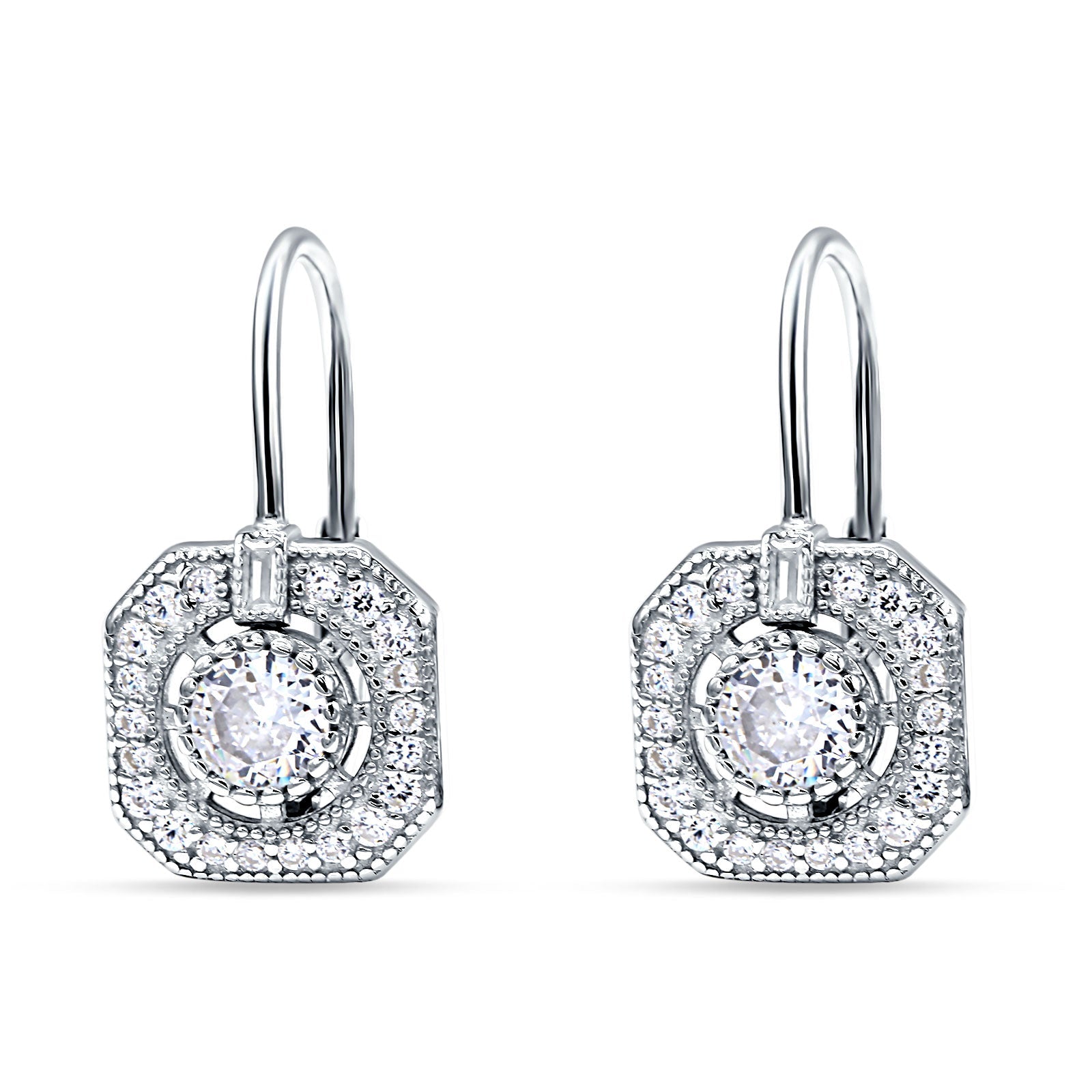 Halo Octagonal Earrings Cubic Zirconia 925 Sterling Silver