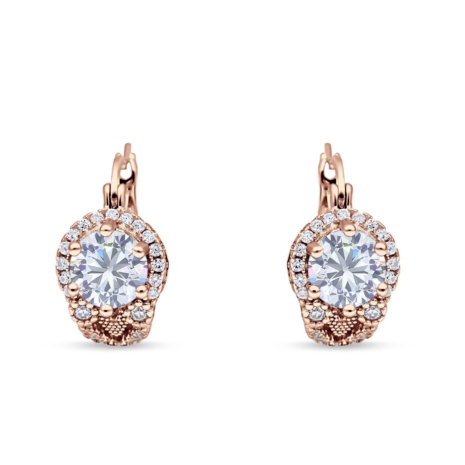 Halo Round Huggie Hoop Earrings Cubic Zirconia 925 Sterling Silver