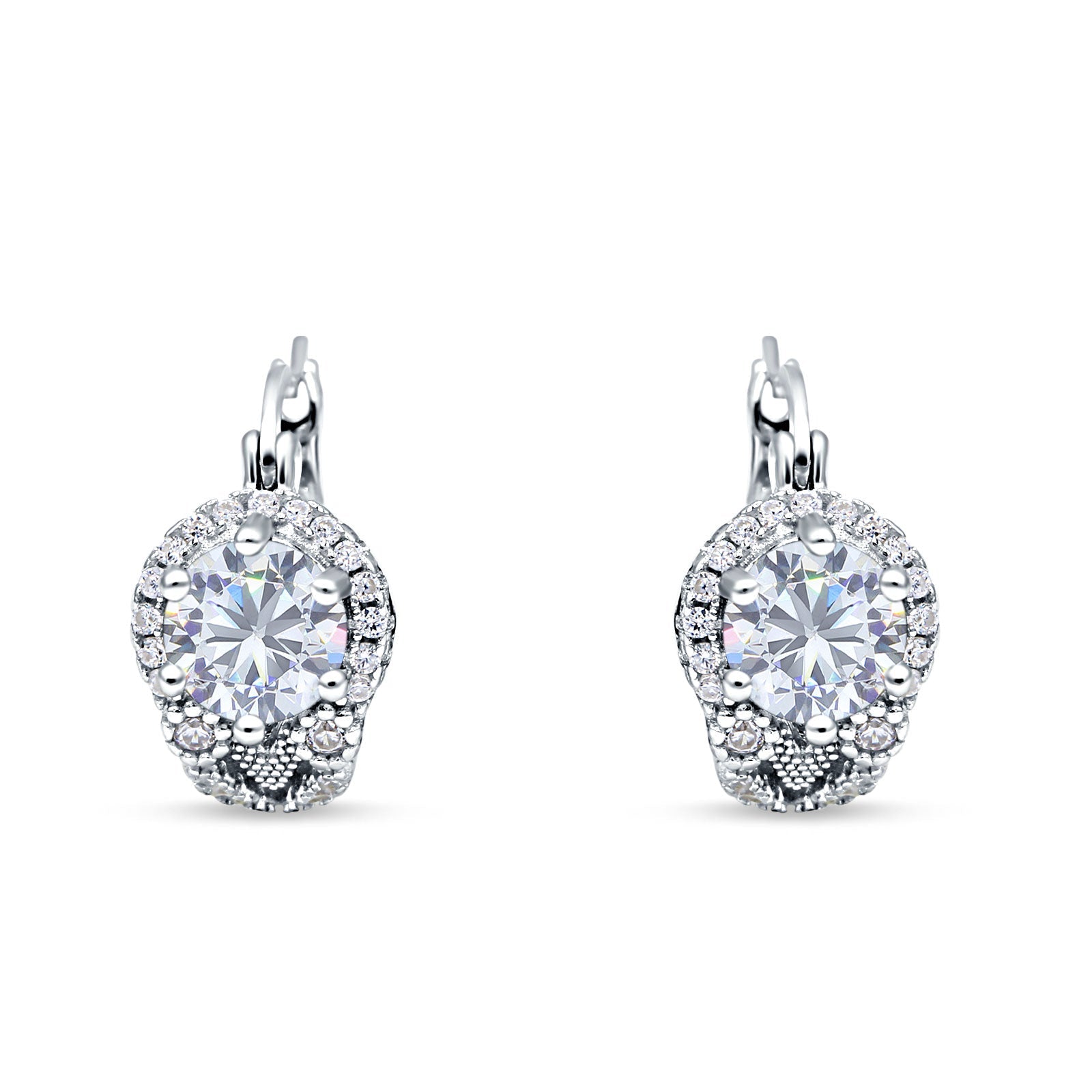 Halo Round Huggie Hoop Earrings Cubic Zirconia 925 Sterling Silver