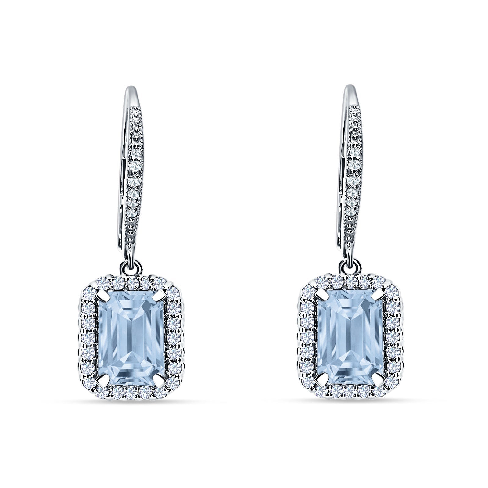 Emerald Cut Dangle Drop Leverback Earrings Cubic Zirconia 925 Sterling Silver