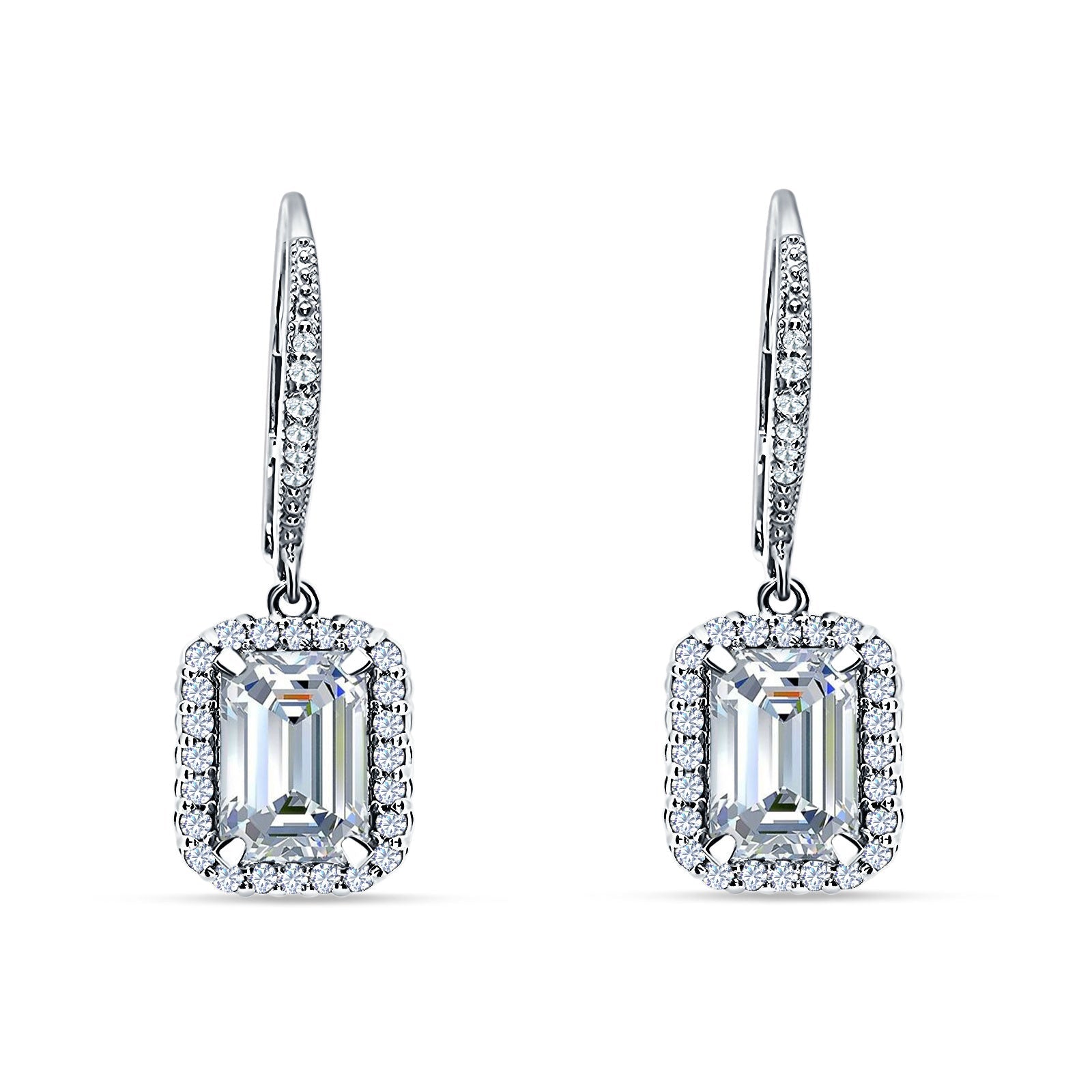 Emerald Cut Dangle Drop Leverback Earrings Cubic Zirconia 925 Sterling Silver