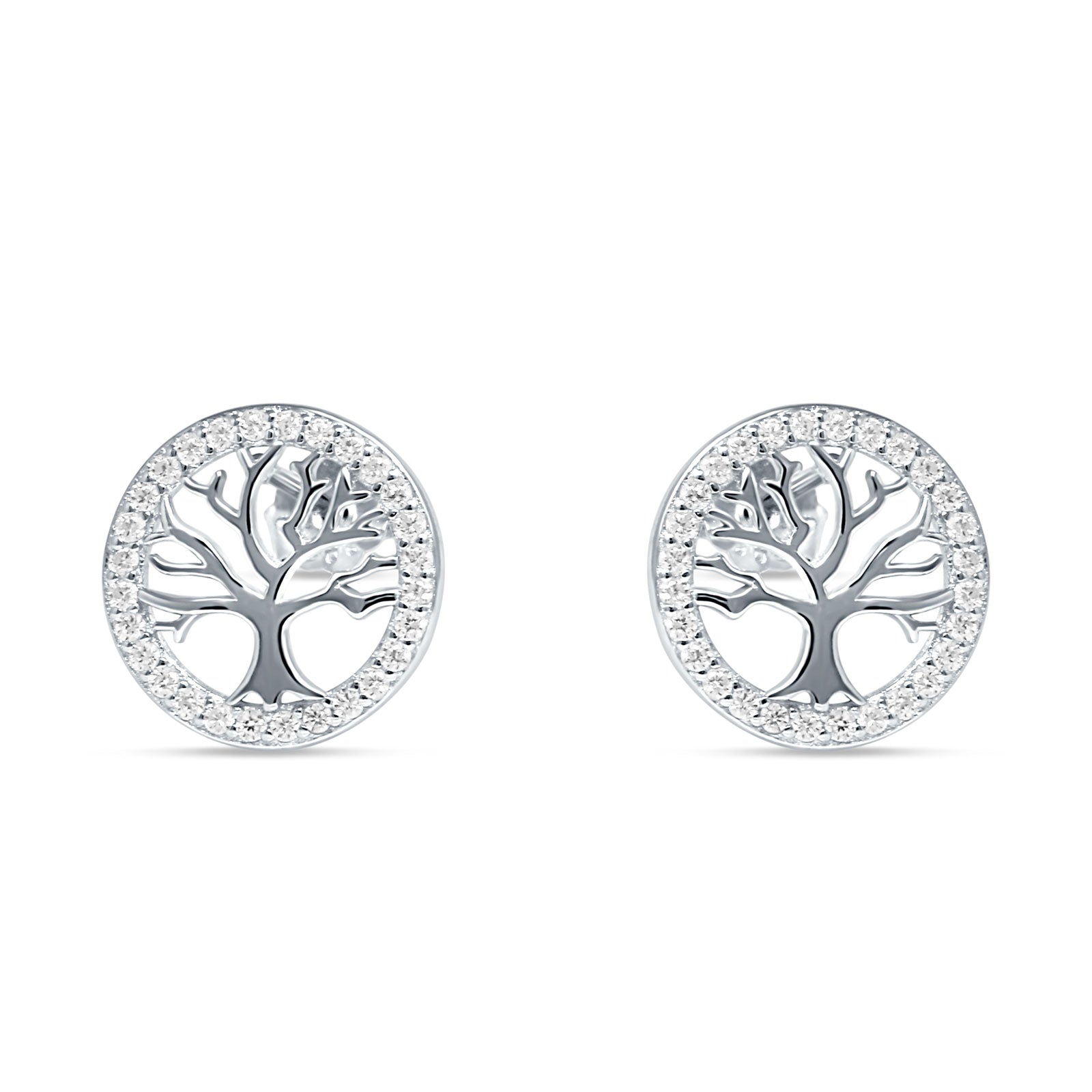 Tree Of Life Stud Earrings Cubic Zirconia 925 Sterling Silver