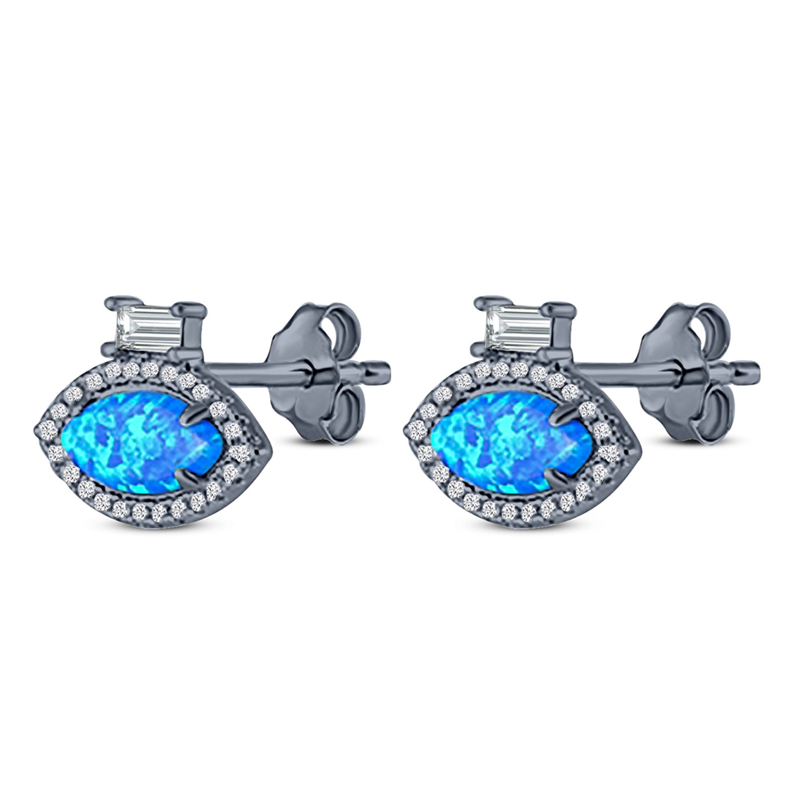 Halo Marquise Art Deco Stud Earring Created Opal 925 Sterling Silver (10.9mm)