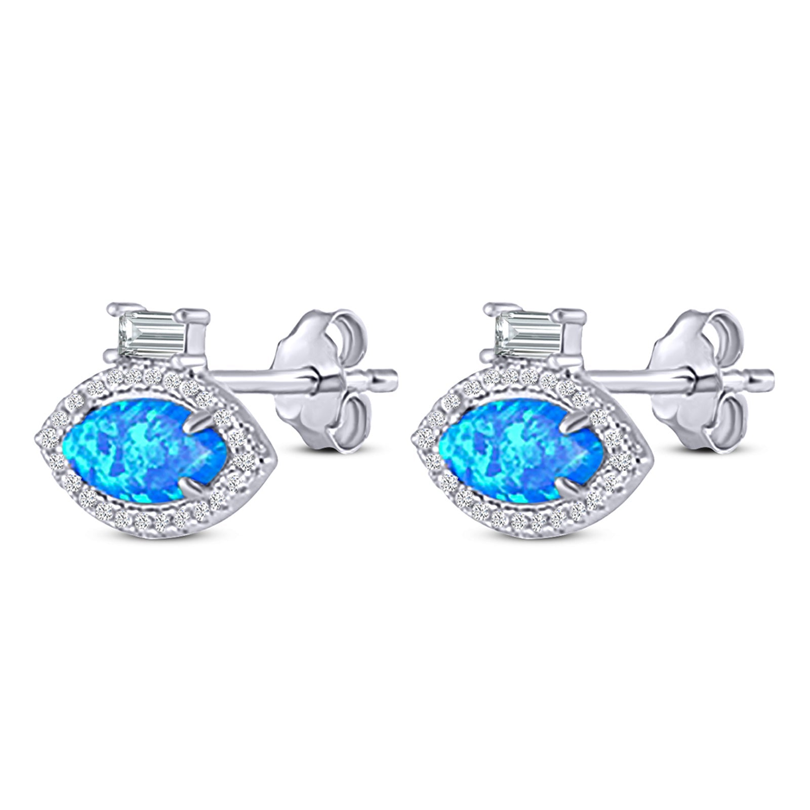 Halo Marquise Art Deco Stud Earring Created Opal 925 Sterling Silver (10.9mm)