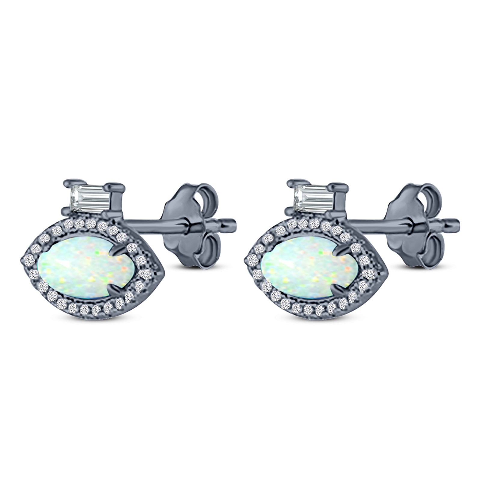 Halo Marquise Art Deco Stud Earring Created Opal 925 Sterling Silver (10.9mm)