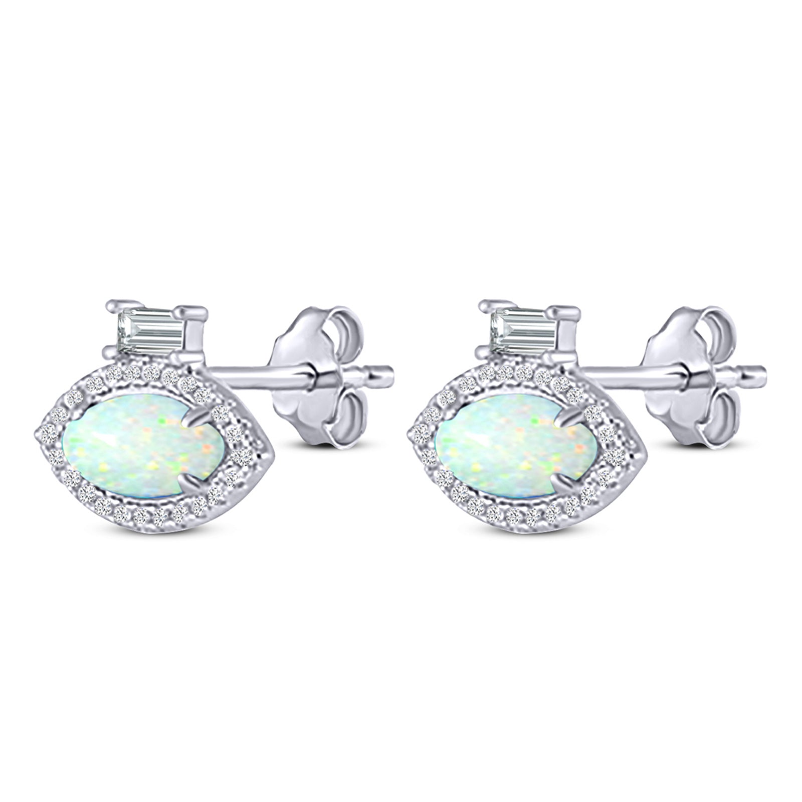 Halo Marquise Art Deco Stud Earring Created Opal 925 Sterling Silver (10.9mm)