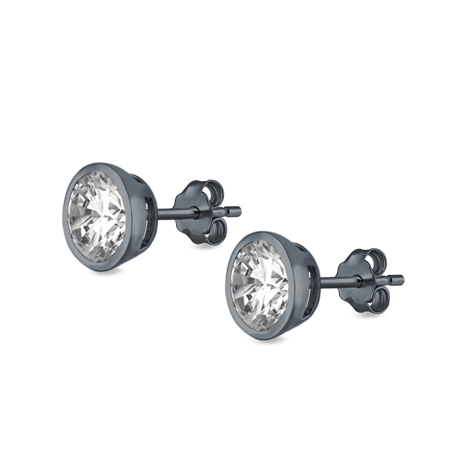 Bezel Stud Earrings Round Simulated Cubic Zirconia 925 Sterling Silver (4mm-9mm)