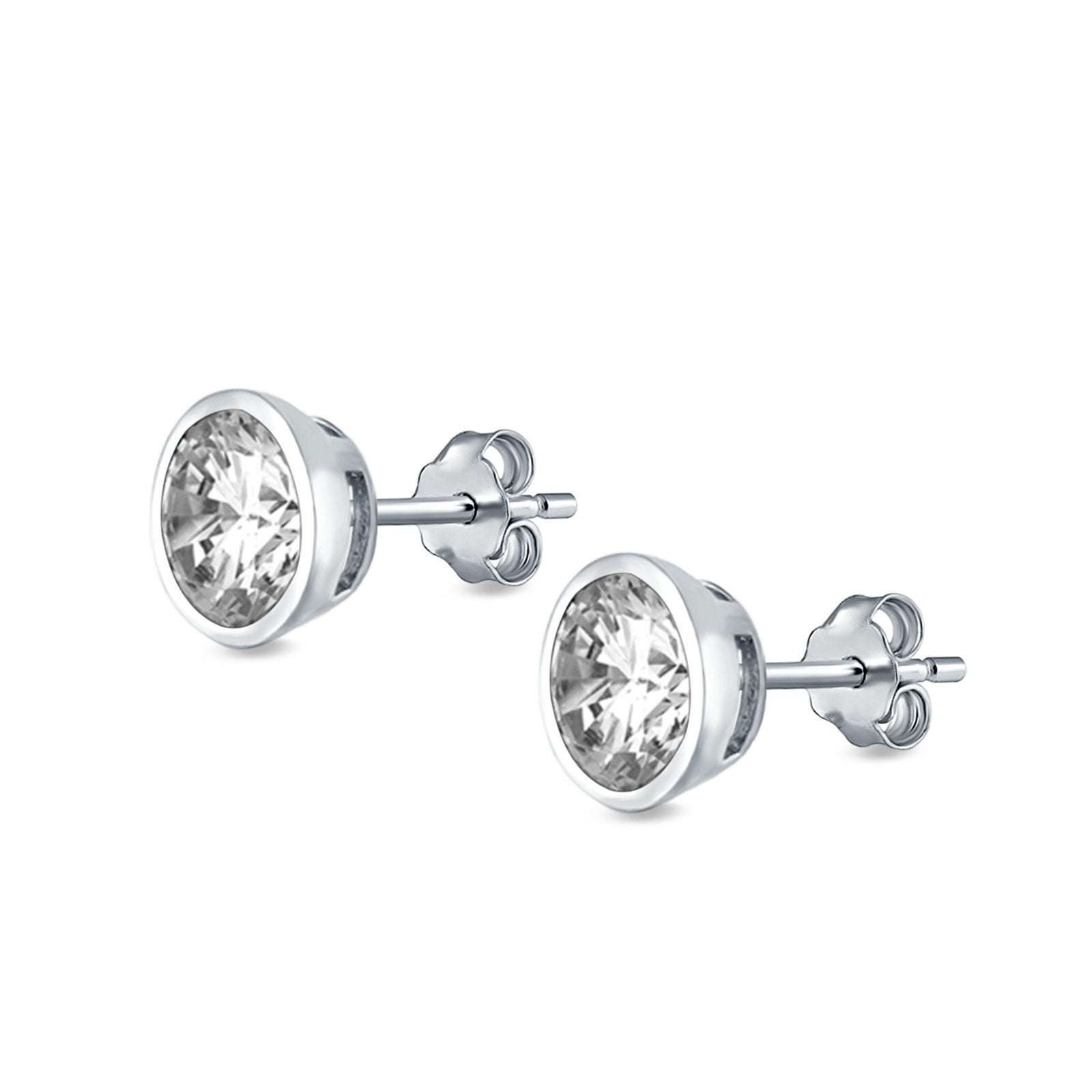 Bezel Stud Earrings Round Simulated Cubic Zirconia 925 Sterling Silver (4mm-9mm)