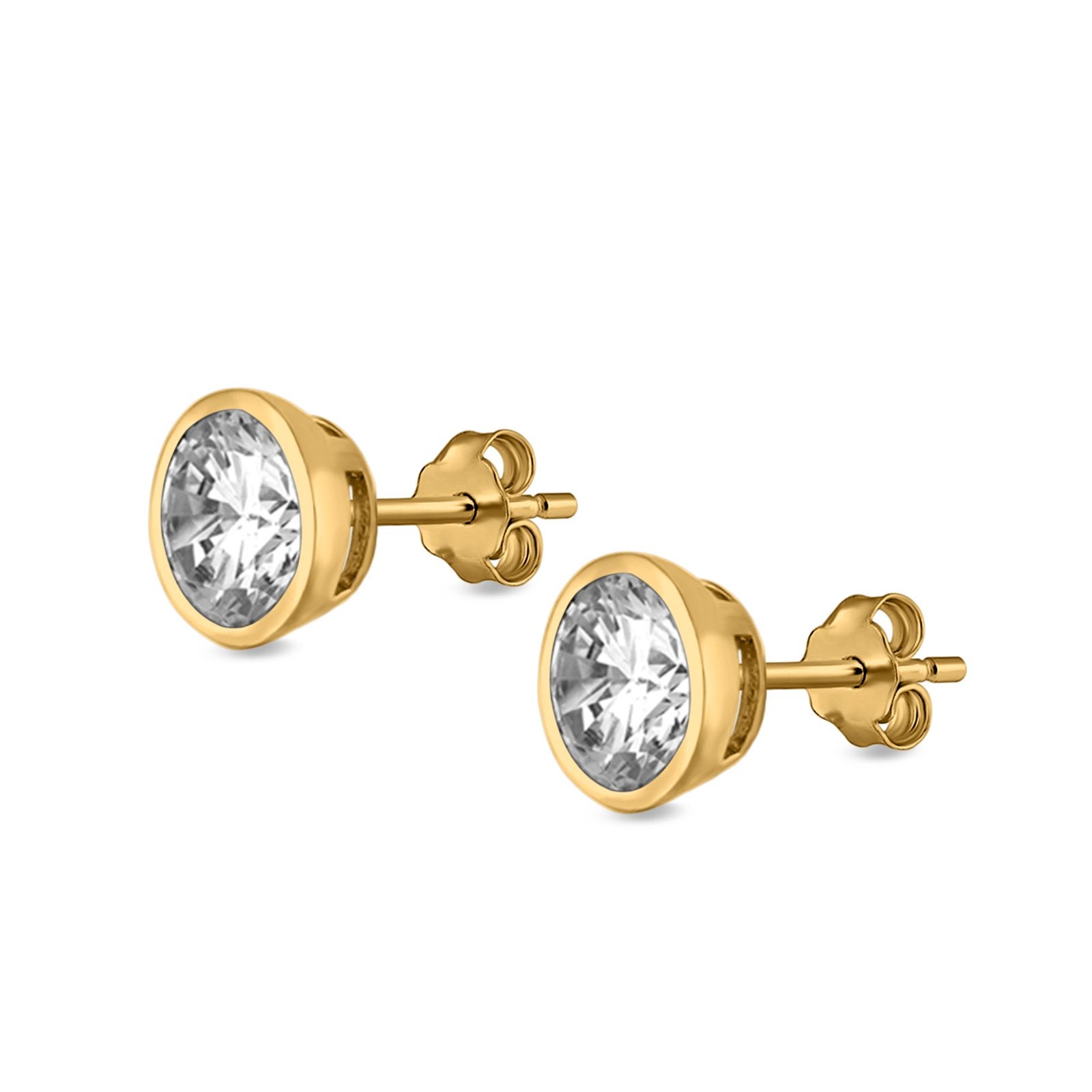 Bezel Stud Earrings Round Simulated Cubic Zirconia 925 Sterling Silver (4mm-9mm)