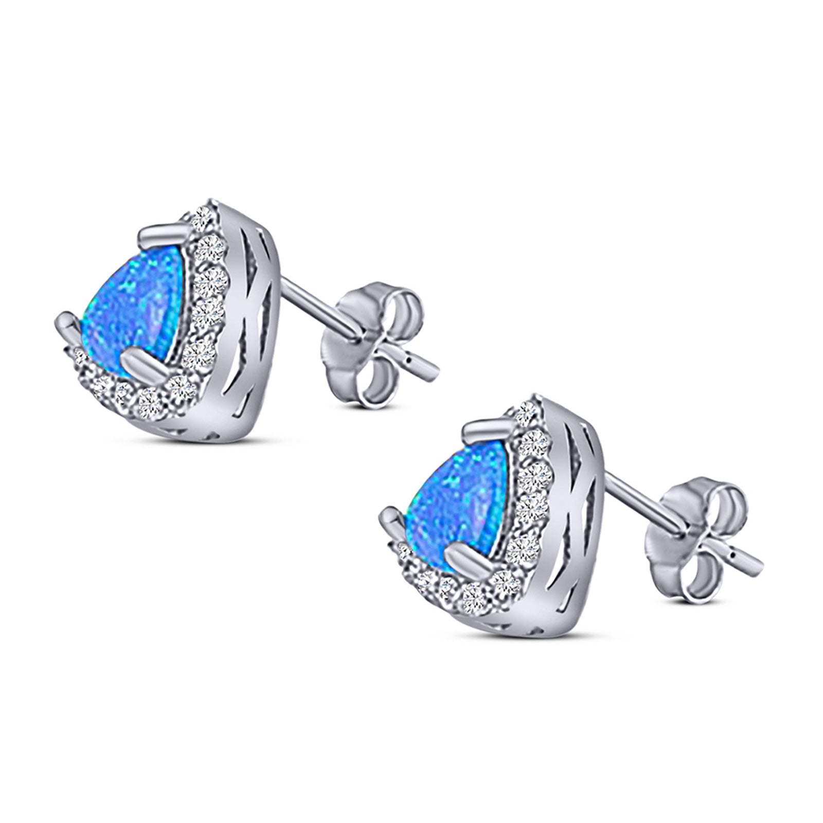 Halo Art Deco Trillion Triangle Stud Earring Created Opal Solid 925 Sterling Silver (9mm)