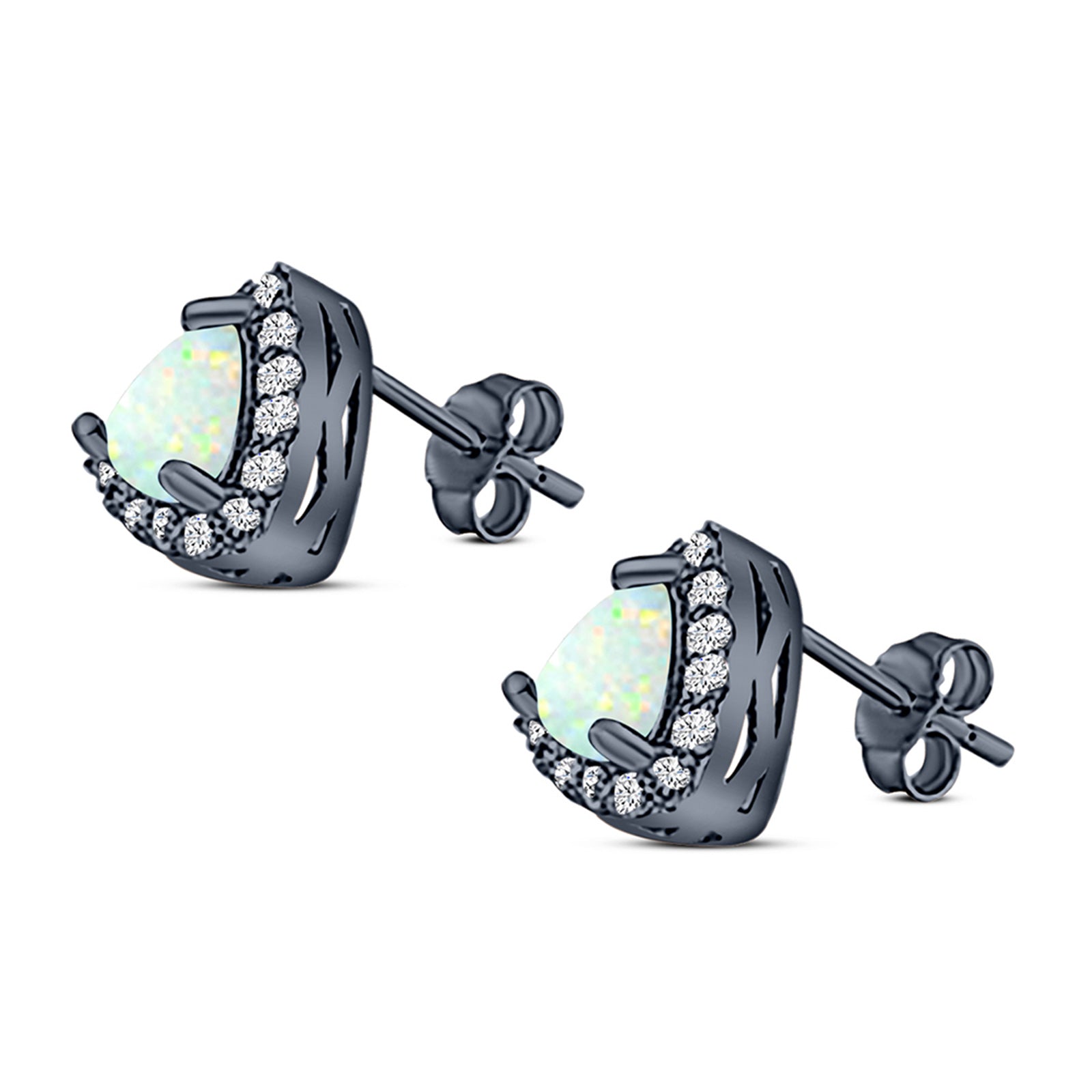 Halo Art Deco Trillion Triangle Stud Earring Created Opal Solid 925 Sterling Silver (9mm)