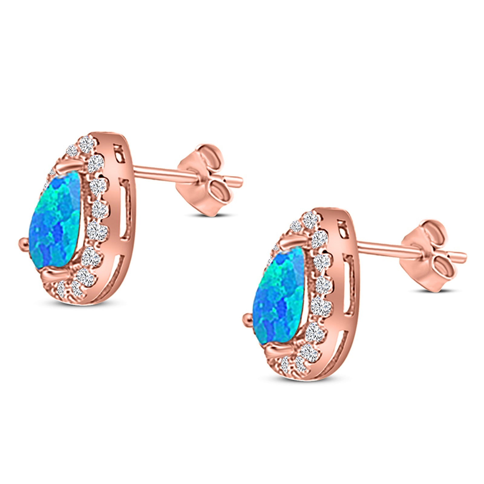 Halo Teardrop Bridal Pear Stud Earring Created Opal Solid 925 Sterling Silver (13mm)
