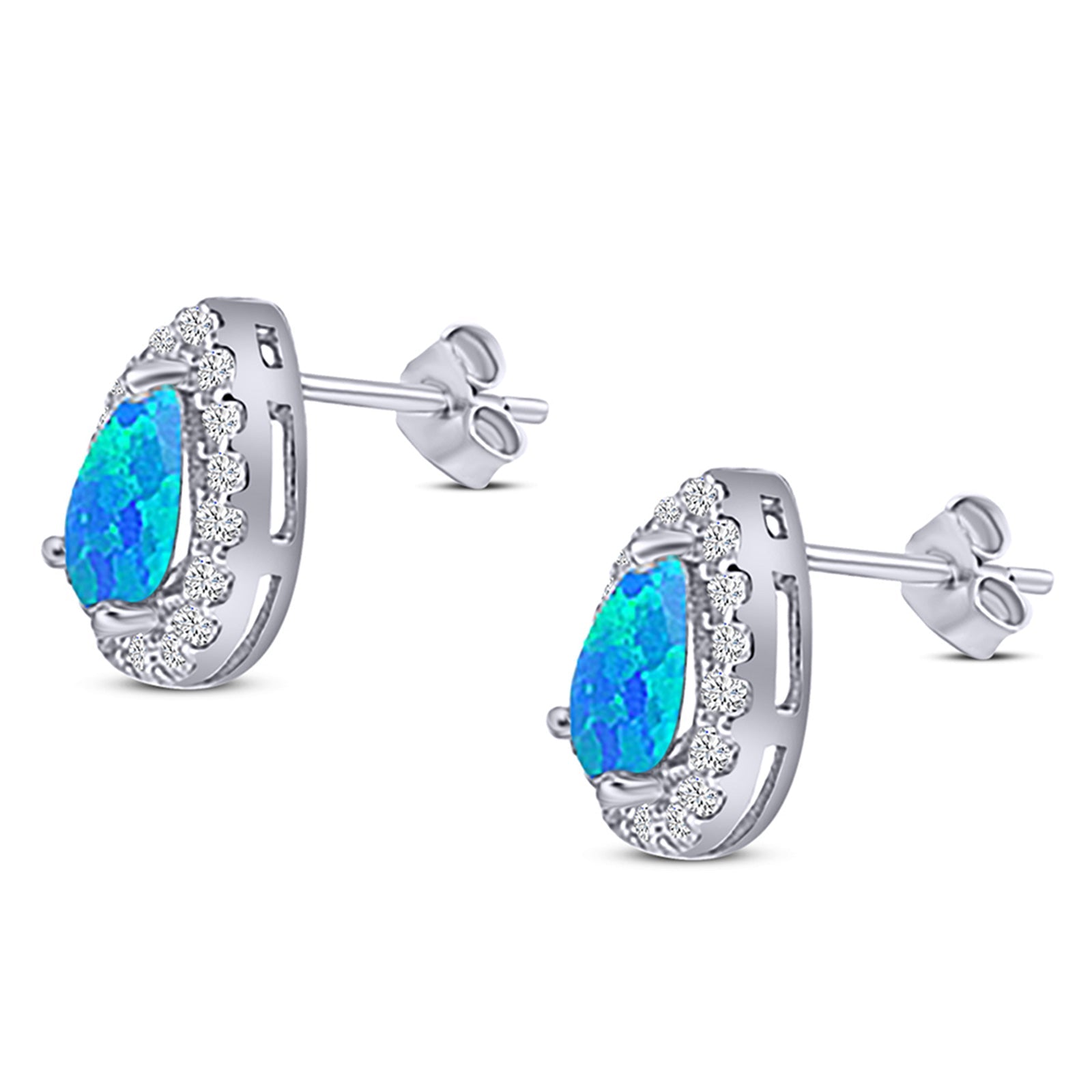 Halo Teardrop Bridal Pear Stud Earring Created Opal Solid 925 Sterling Silver (13mm)