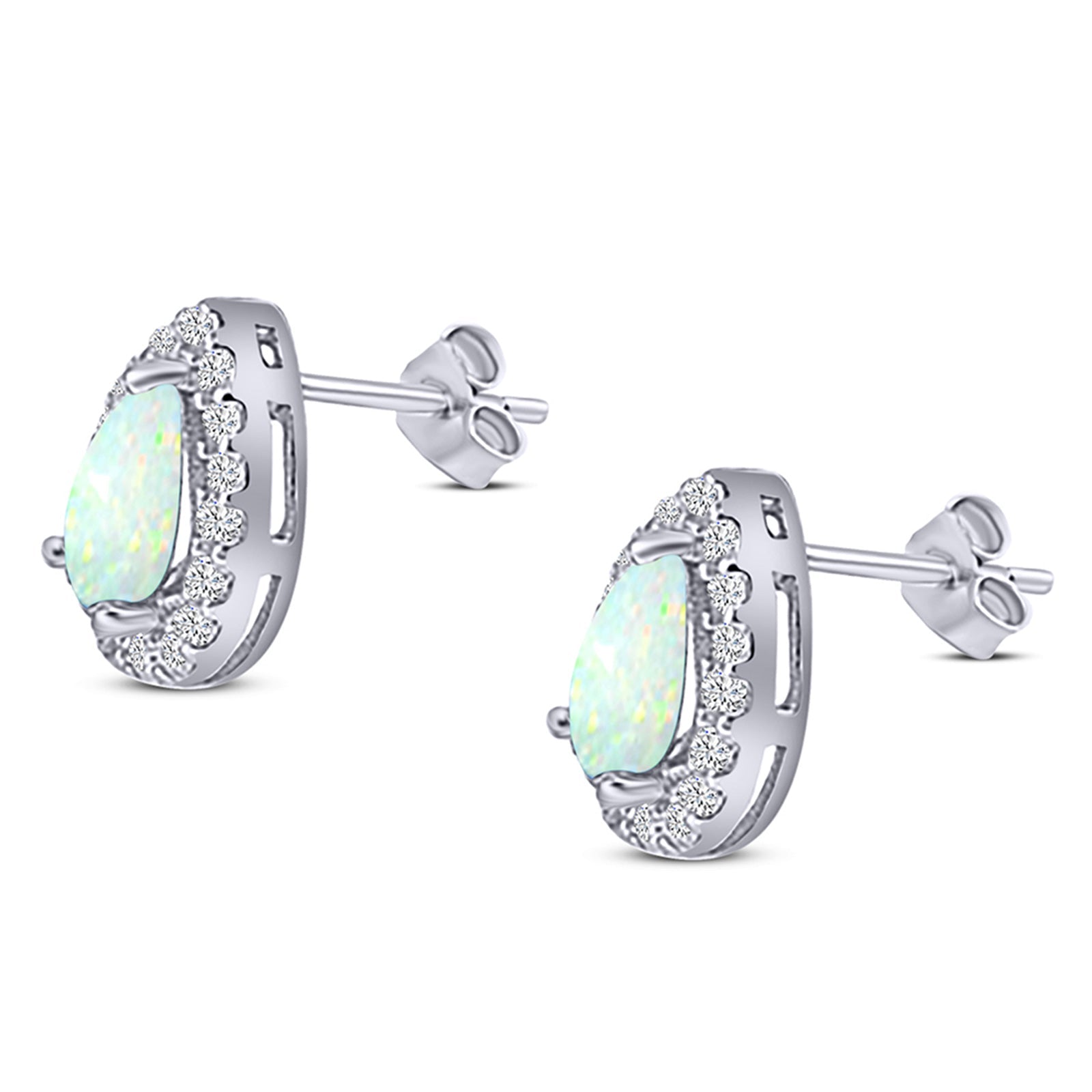 Halo Teardrop Bridal Pear Stud Earring Created Opal Solid 925 Sterling Silver (13mm)