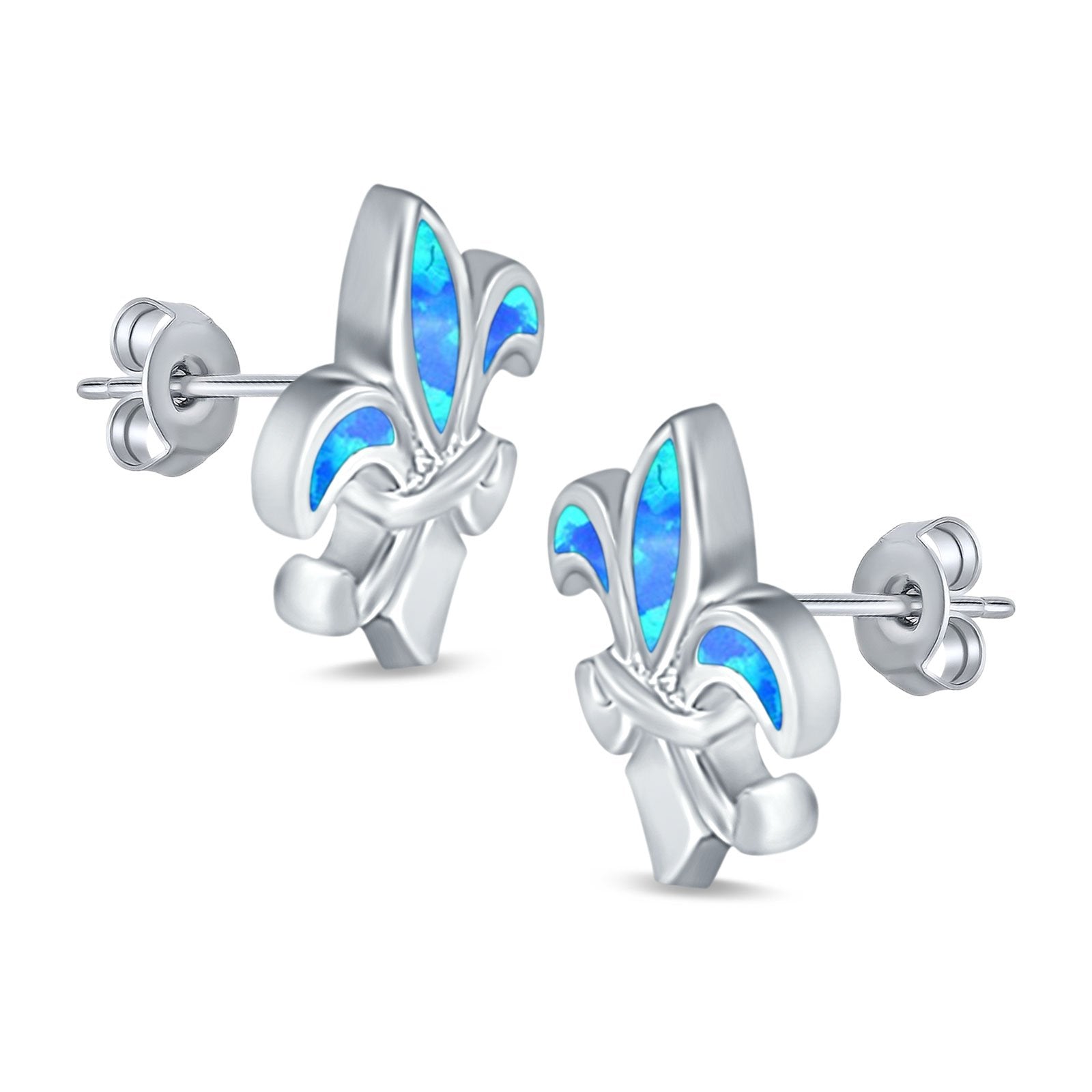 Fleur de lis Stud Earring Lab Created Opal 925 Sterling Silver (16mm)