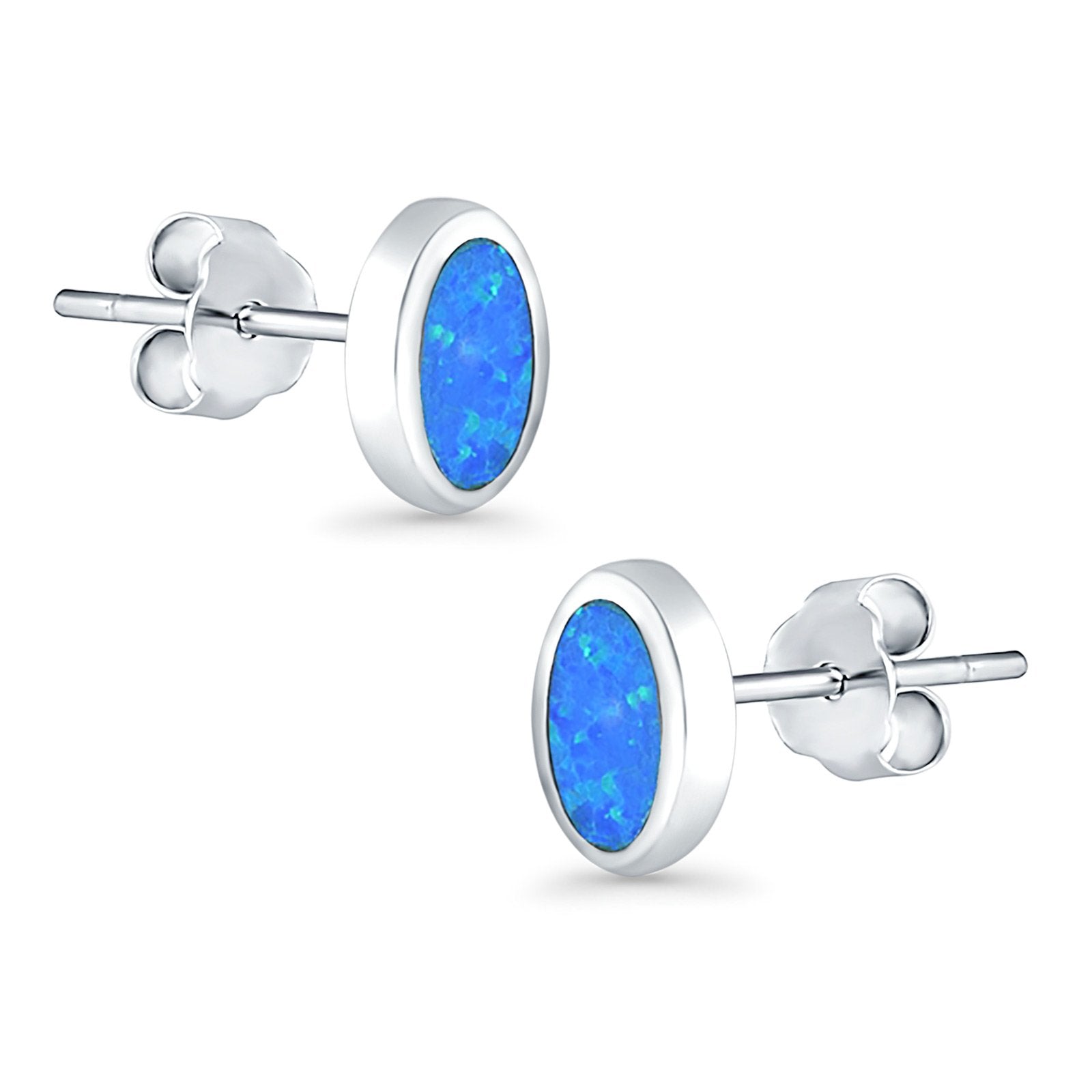 Oval Stud Earrings Lab Created Opal 925 Sterling Silver (7mm)