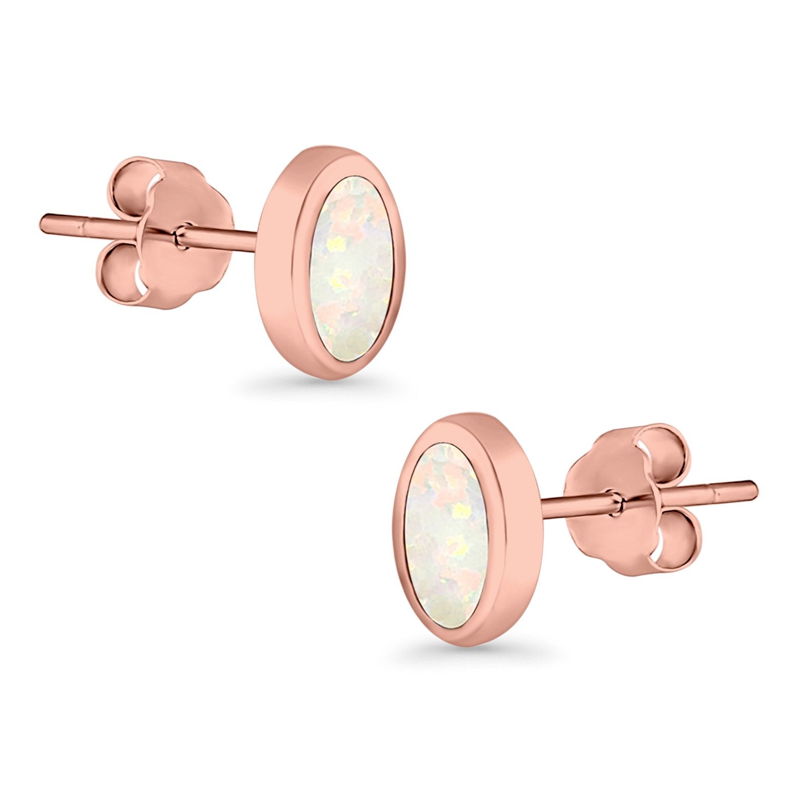 Oval Stud Earrings Lab Created Opal 925 Sterling Silver (7mm)