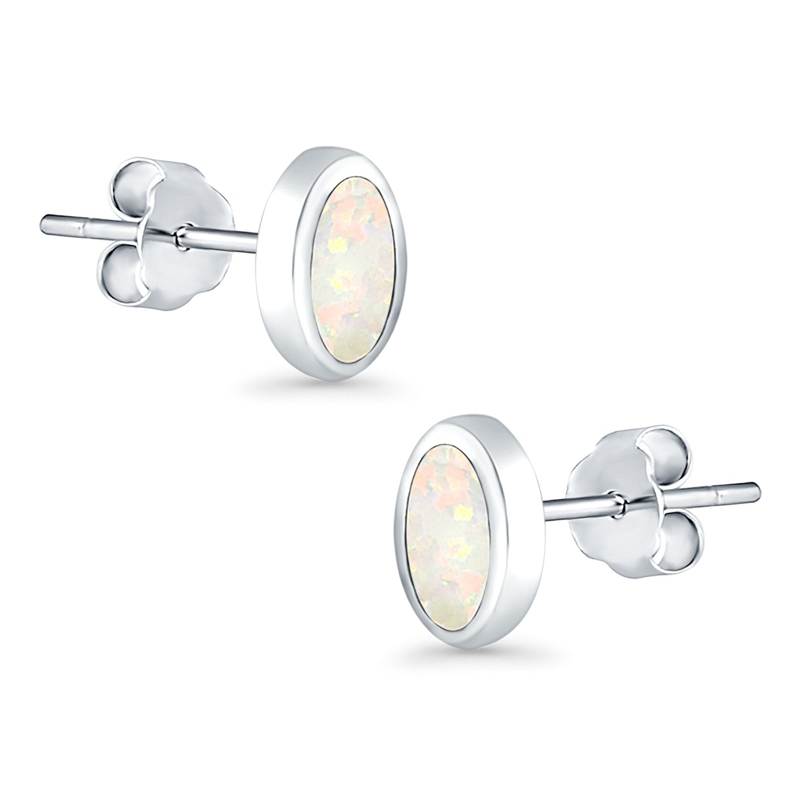 Oval Stud Earrings Lab Created Opal 925 Sterling Silver (7mm)